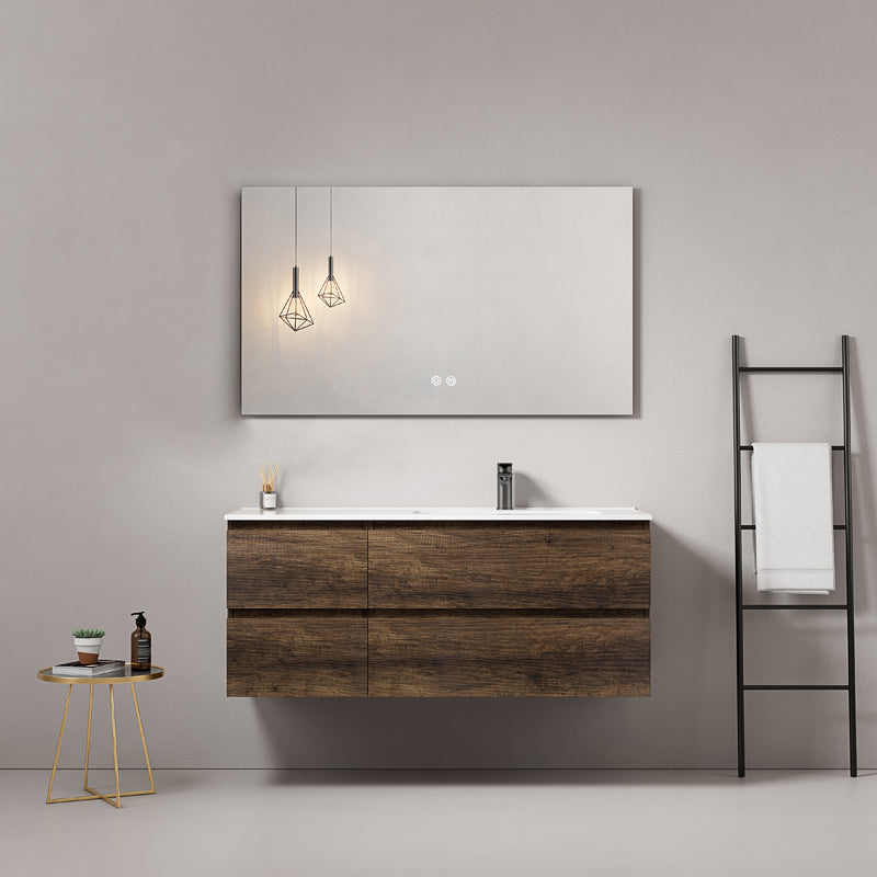 Mobile bagno sospeso 120 cm Bruno Scuro Lavabo a Destra in Ceramica Specchio Quadro - Fiji Wood