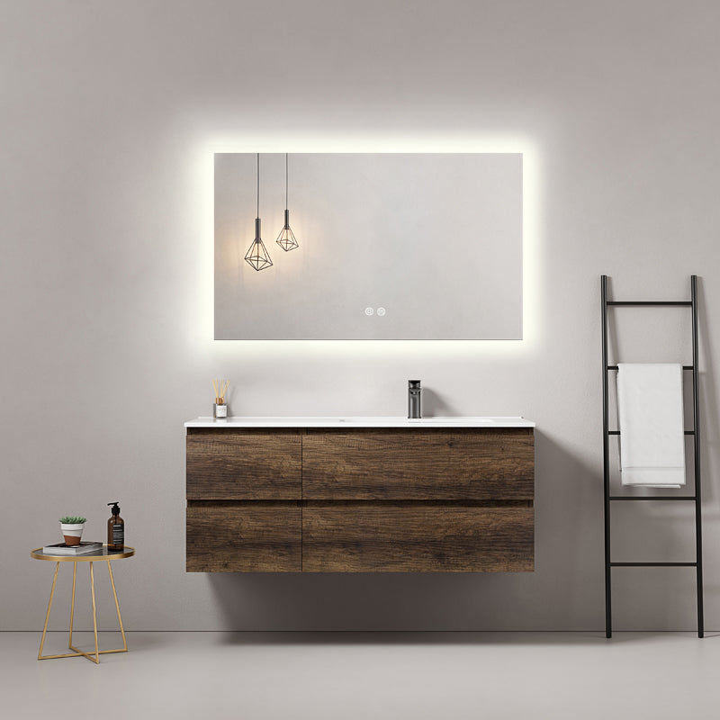 Mobile bagno sospeso 120 cm Bruno Scuro Lavabo a Destra in Ceramica Specchio Quadro Retroilluminato - Fiji Wood