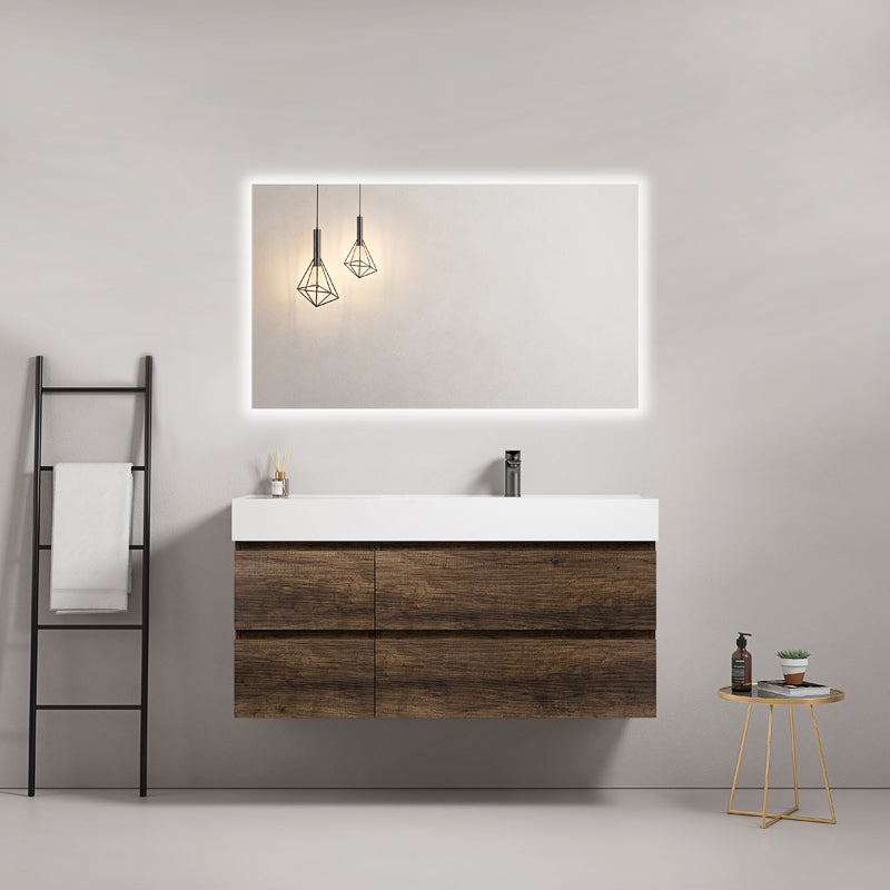 Mobile bagno sospeso 120 cm Bruno Scuro Lavabo a Destra in Resina Specchio Quadro Retroilluminato - Fiji Wood