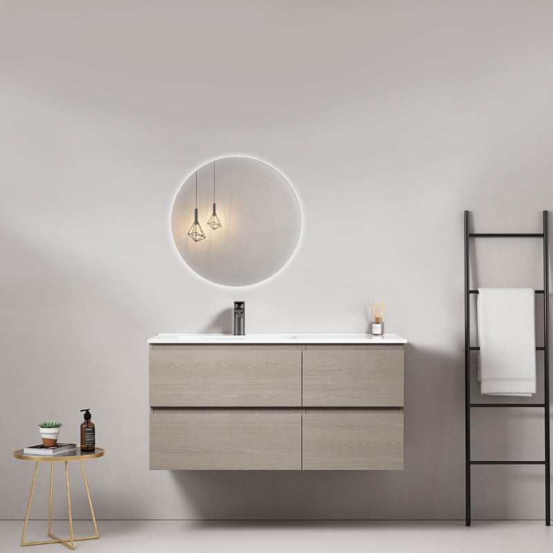 Mobile bagno sospeso 100 cm Beige Lavabo a Sinistra in Ceramica Specchio Tondo Retroilluminato - Fiji Wood