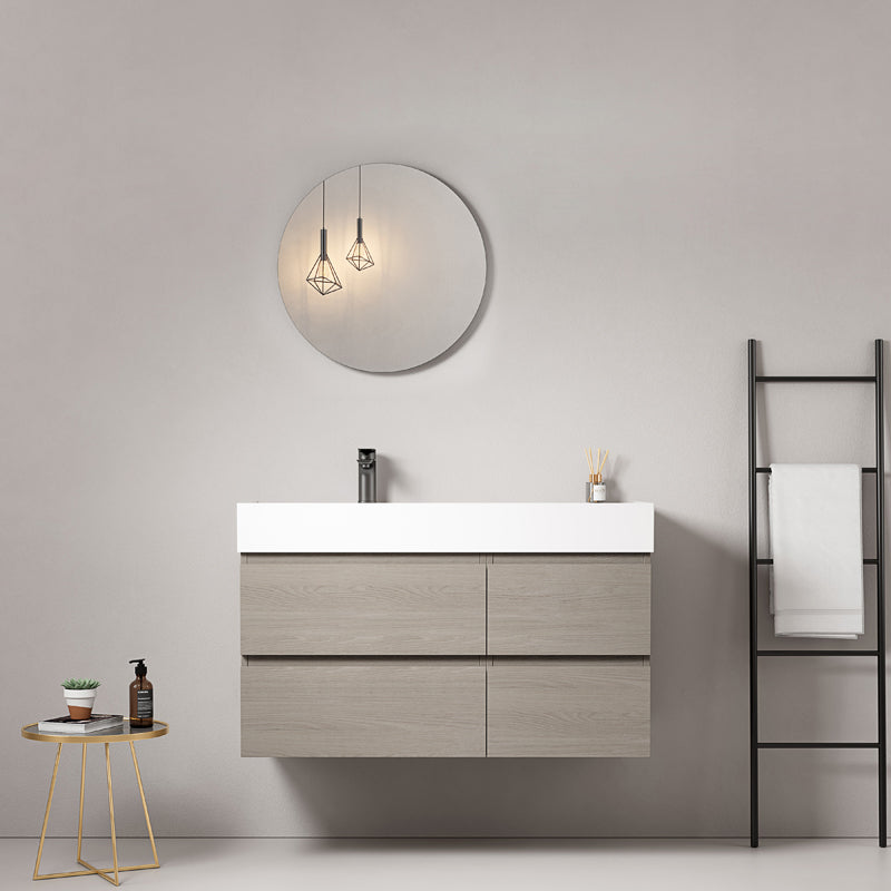 Mobile bagno sospeso 100 cm Beige Lavabo a Sinistra in Resina Specchio Tondo - Fiji Wood