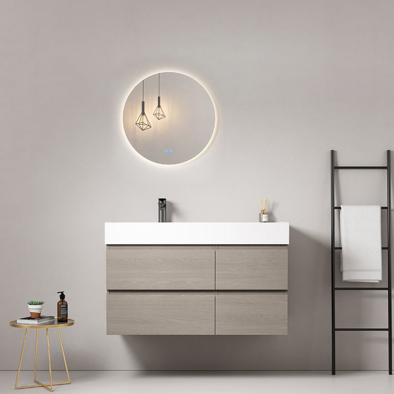 Mobile bagno sospeso 100 cm Beige Lavabo a Sinistra in Resina Specchio Tondo Retroilluminato - Fiji Wood