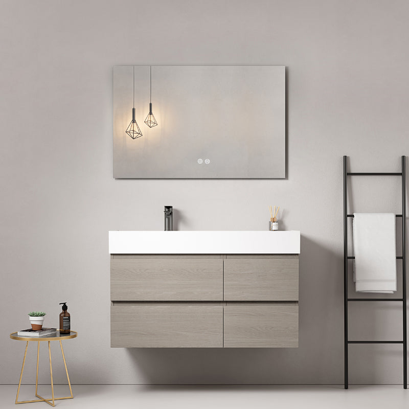 Mobile bagno sospeso 100 cm Beige Lavabo a Sinistra in Resina Specchio Quadro - Fiji Wood