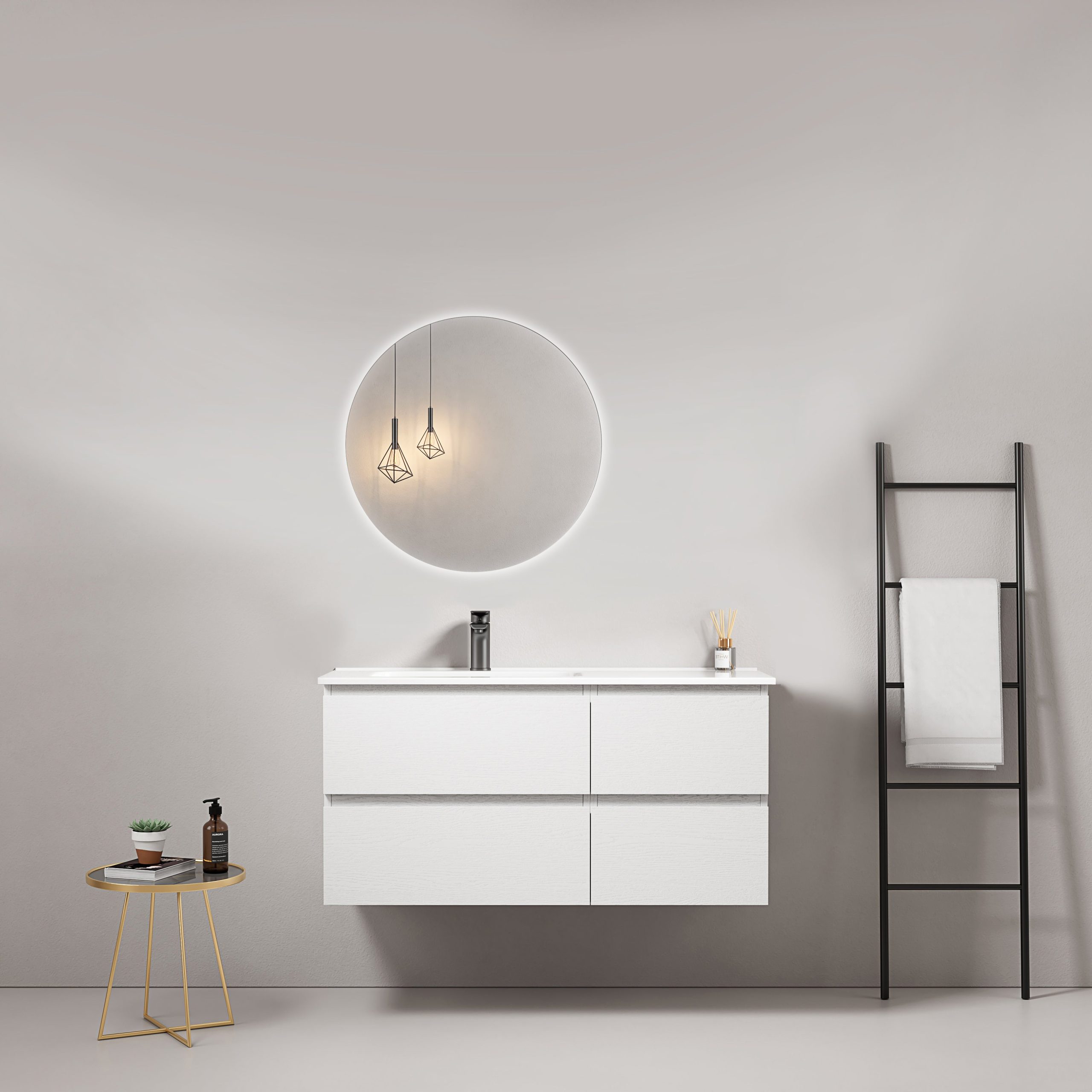 Mobile bagno sospeso 100 cm Bianco Lavabo a Sinistra in Ceramica Specchio Tondo Retroilluminato - Fiji Wood