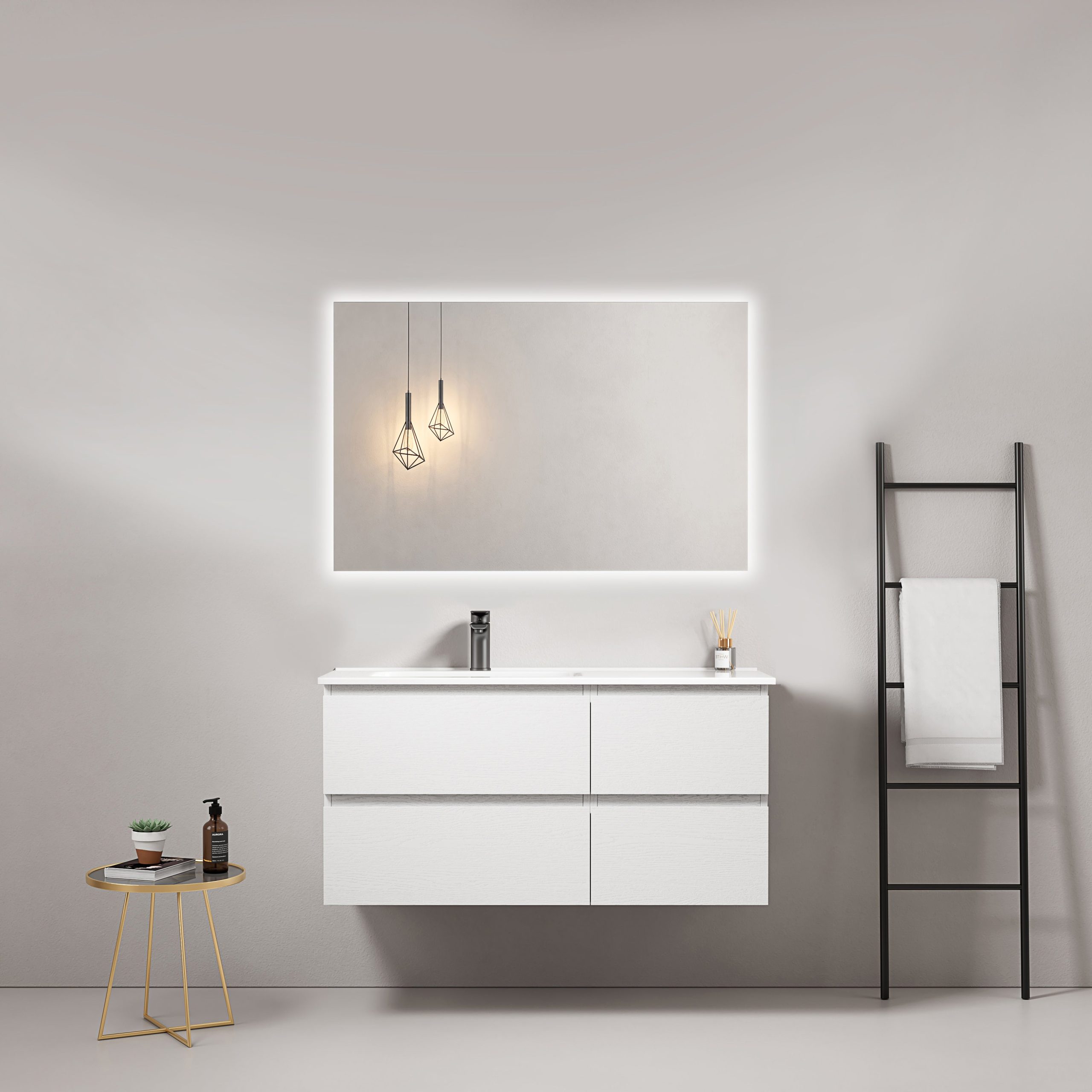 Mobile bagno sospeso 100 cm Bianco Lavabo a Sinistra in Ceramica Specchio Quadro Retroilluminato - Fiji Wood