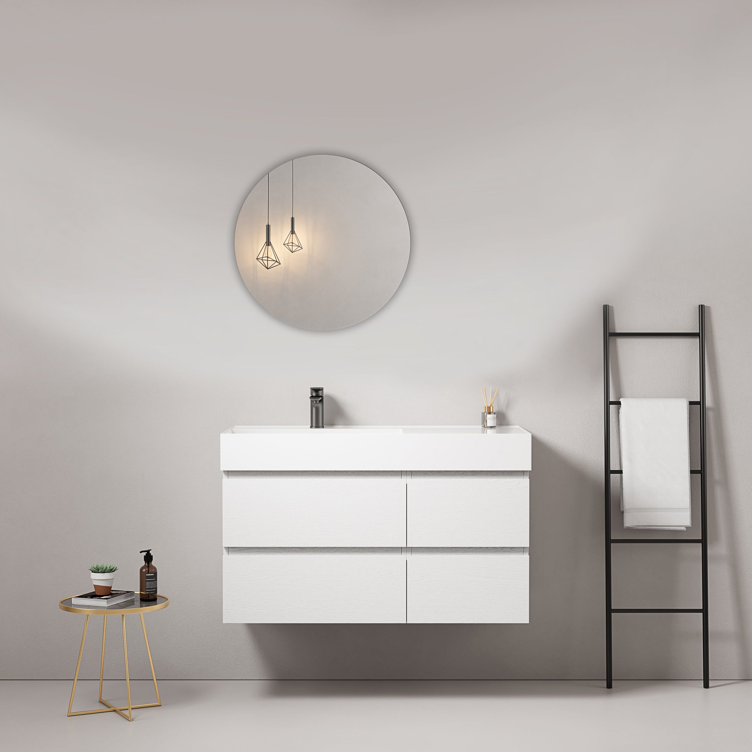 Mobile bagno sospeso 100 cm Bianco Lavabo a Sinistra in Resina Specchio Tondo - Fiji Wood