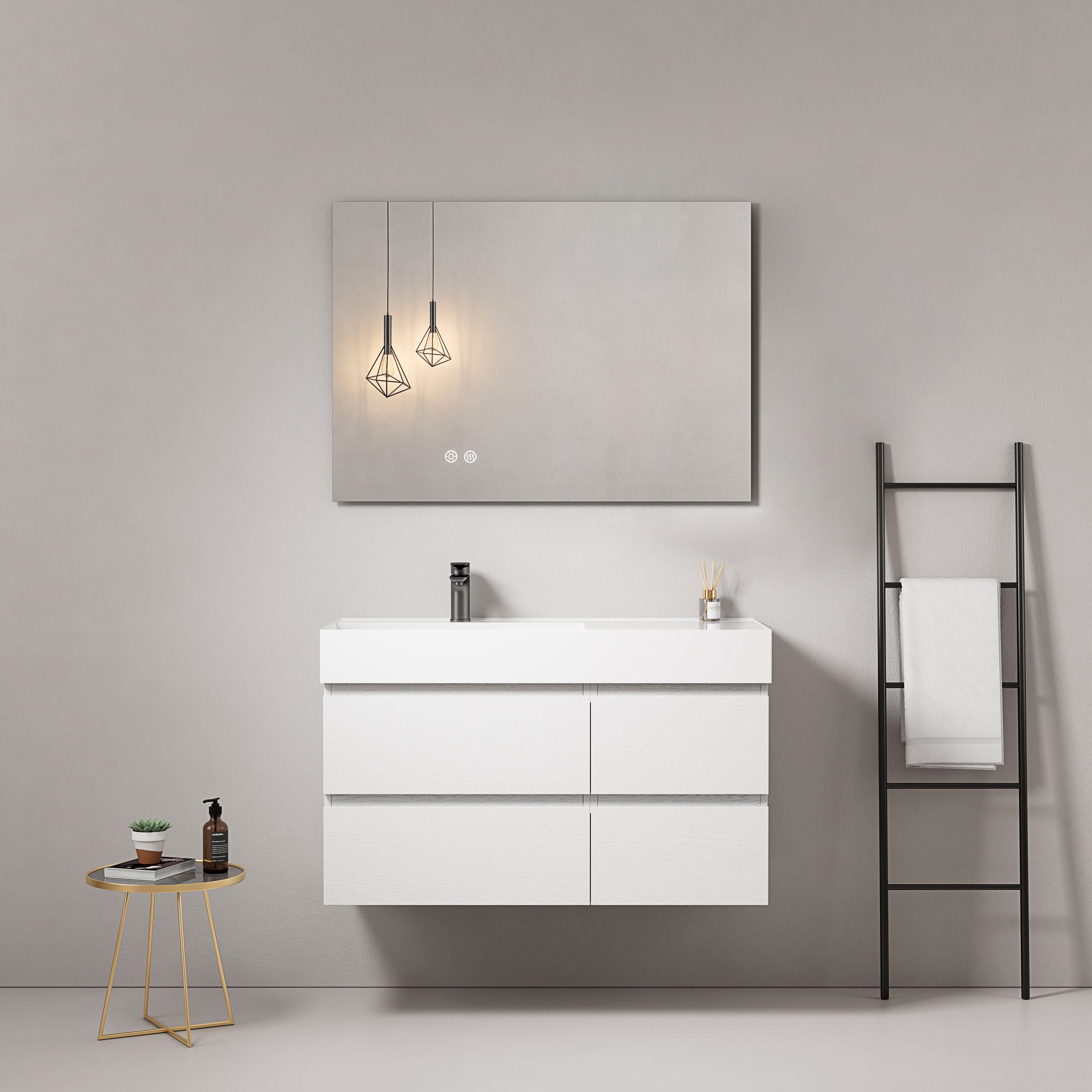 Mobile bagno sospeso 100 cm Bianco Lavabo a Sinistra in Resina Specchio Quadro - Fiji Wood
