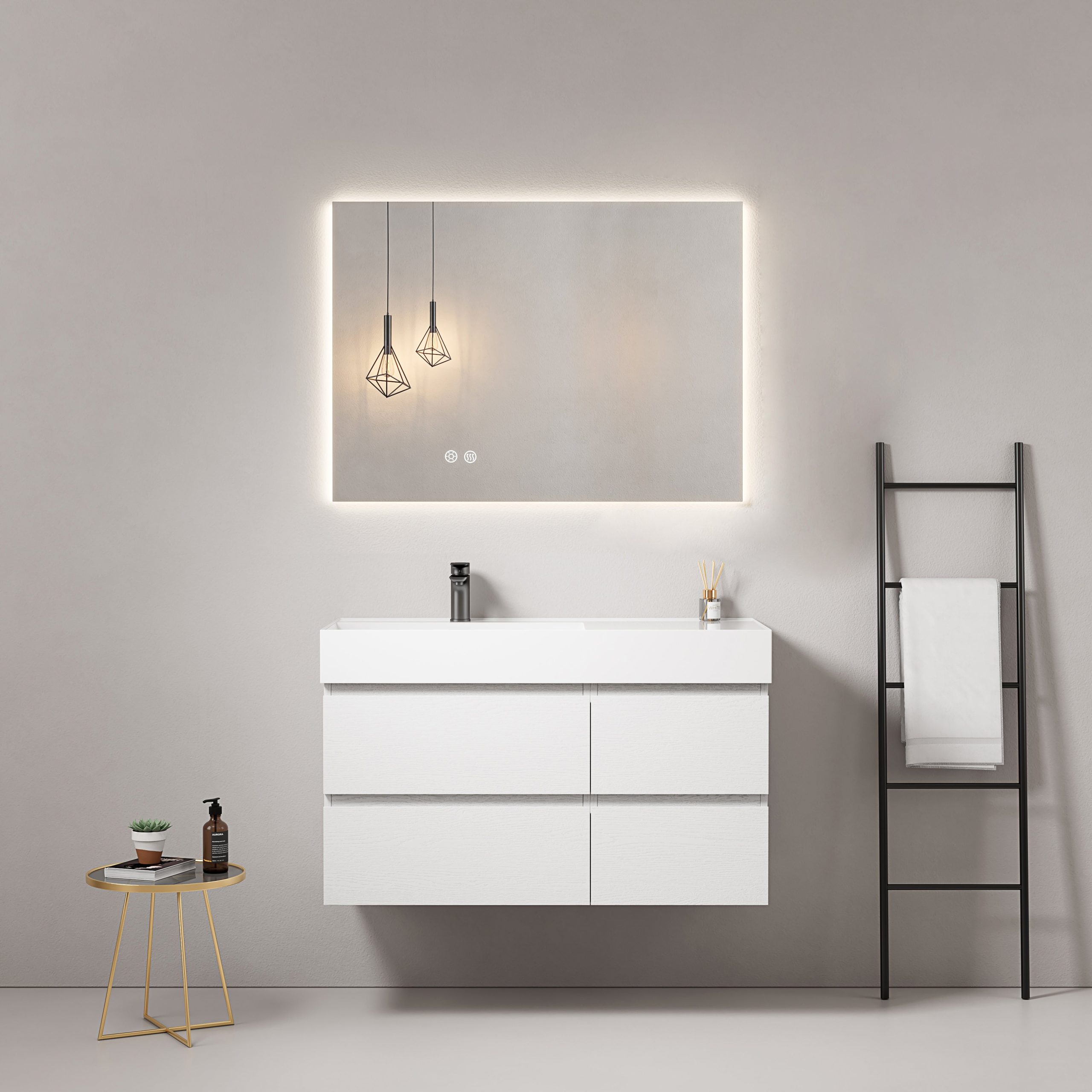 Mobile bagno sospeso 100 cm Bianco Lavabo a Sinistra in Resina Specchio Quadro Retroilluminato - Fiji Wood