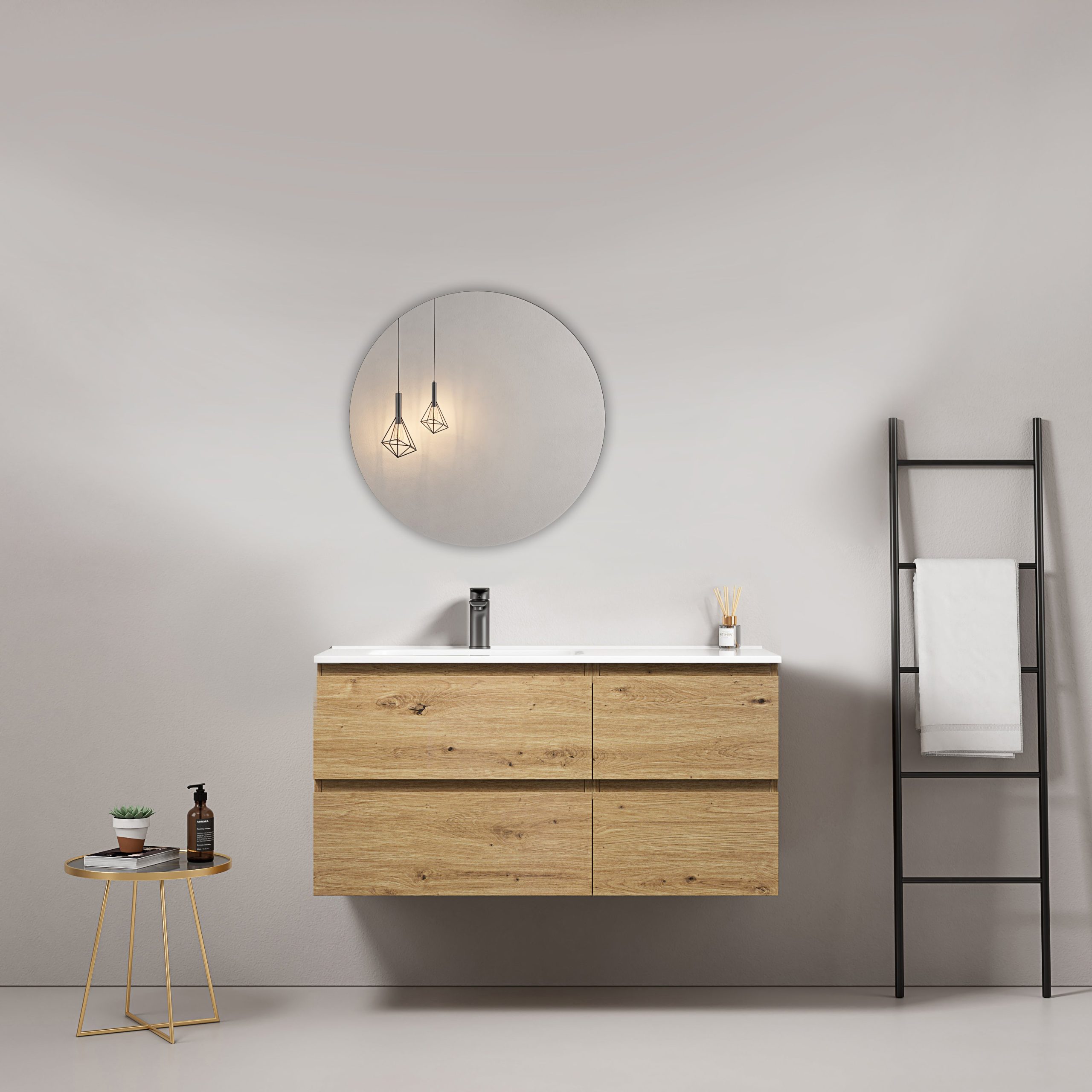 Mobile bagno sospeso 100 cm Bruno Medio Lavabo a Sinistra in Ceramica Specchio Tondo - Fiji Wood