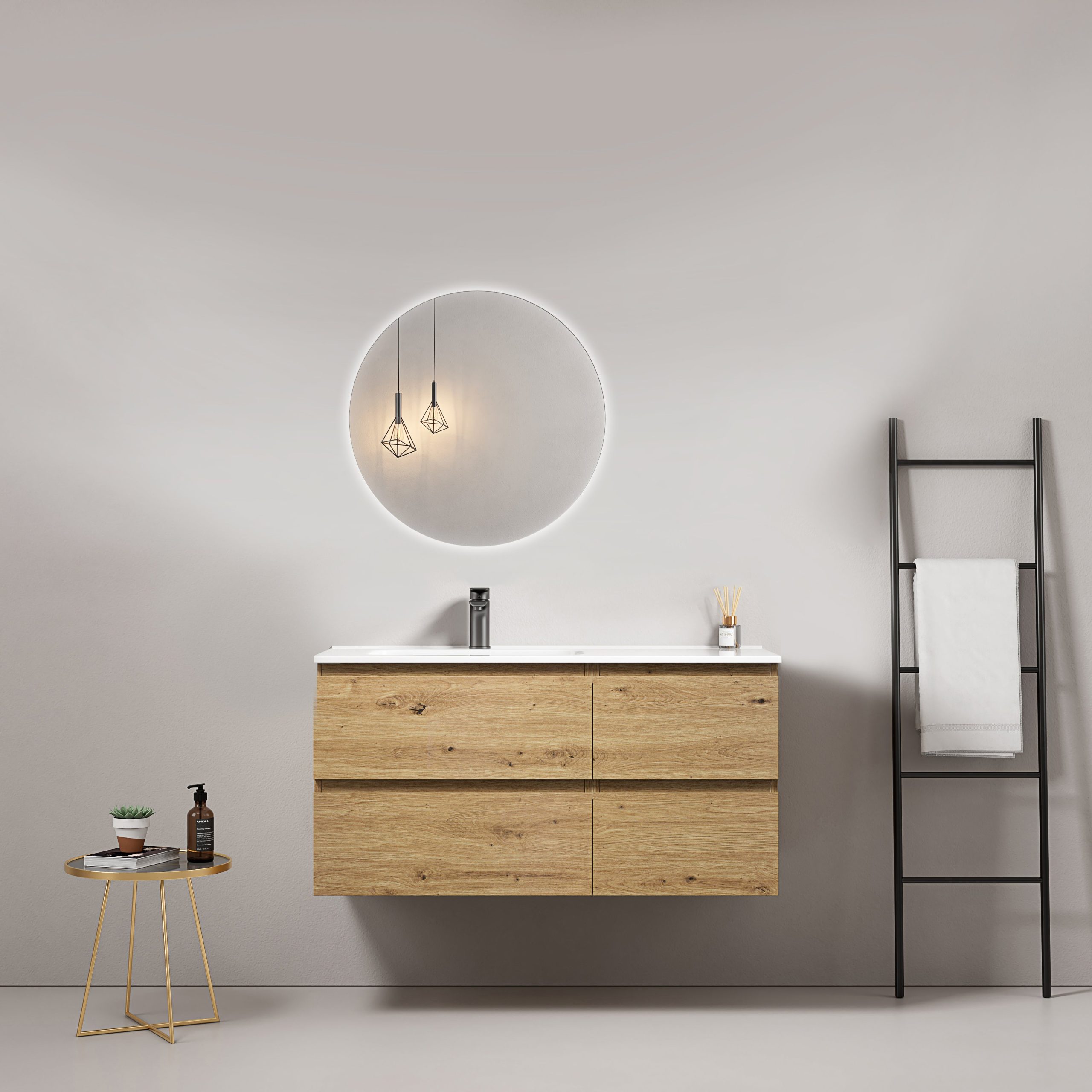 Mobile bagno sospeso 100 cm Bruno Medio Lavabo a Sinistra in Ceramica Specchio Tondo Retroilluminato - Fiji Wood