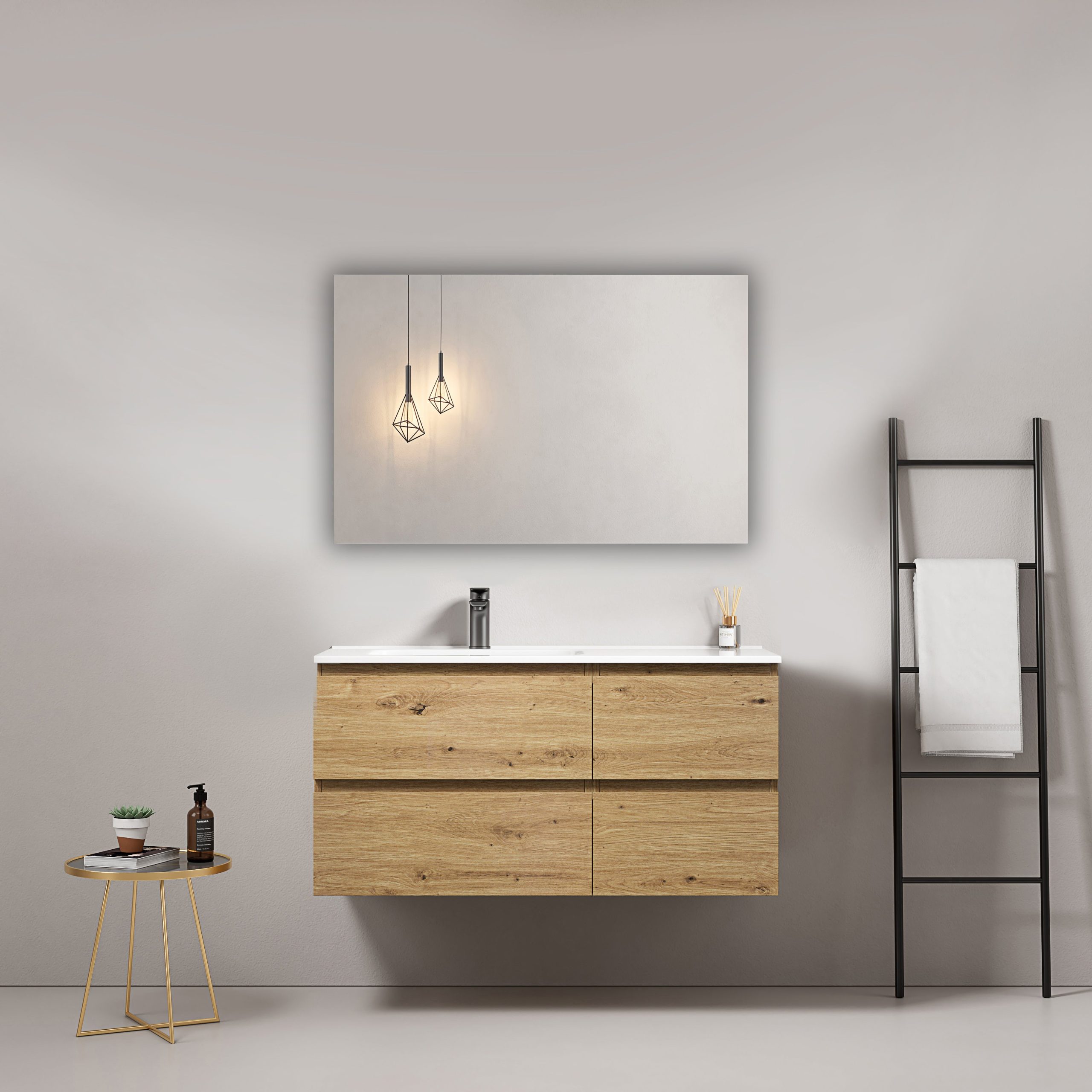 Mobile bagno sospeso 100 cm Bruno Medio Lavabo a Sinistra in Ceramica Specchio Quadro - Fiji Wood