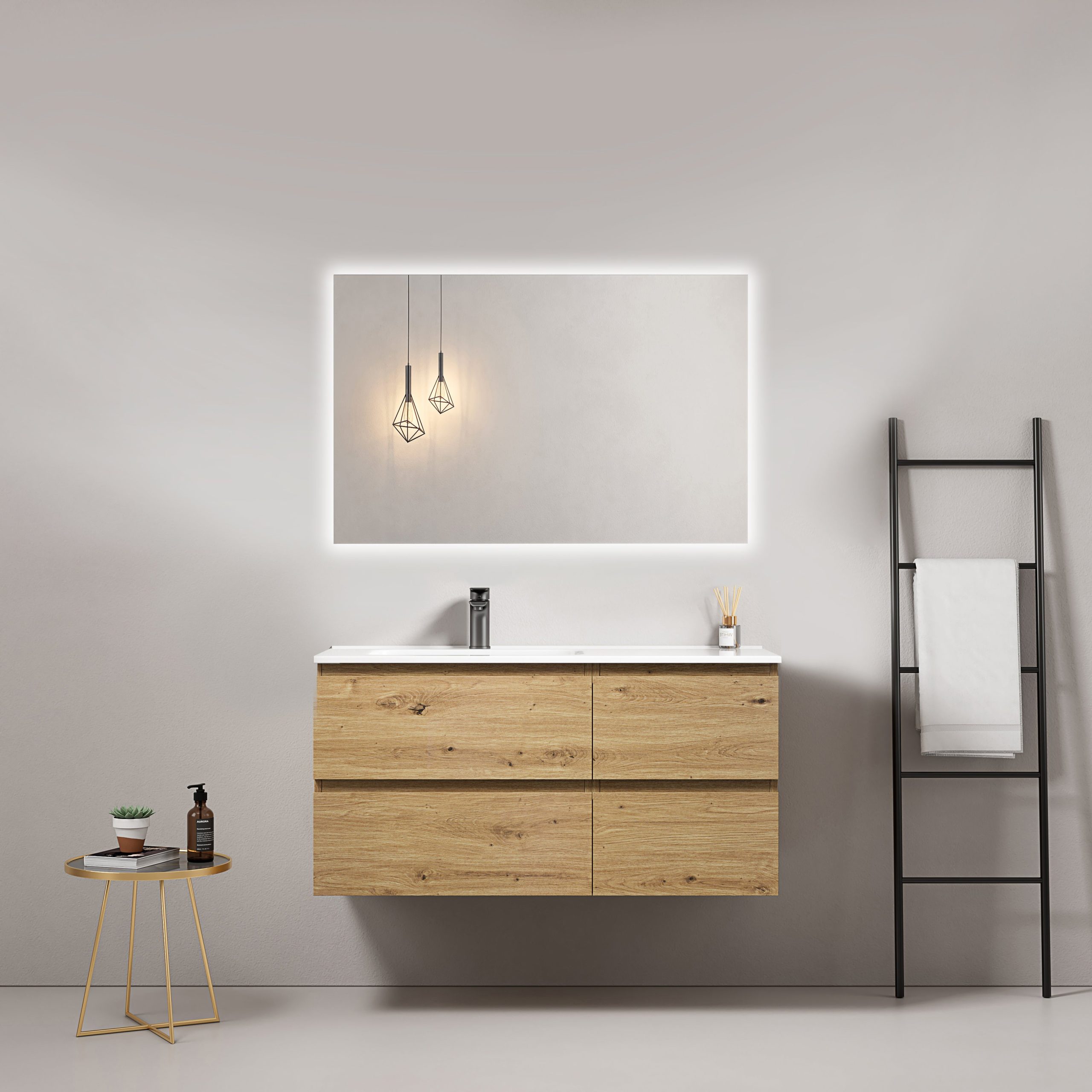 Mobile bagno sospeso 100 cm Bruno Medio Lavabo a Sinistra in Ceramica Specchio Quadro Retroilluminato - Fiji Wood