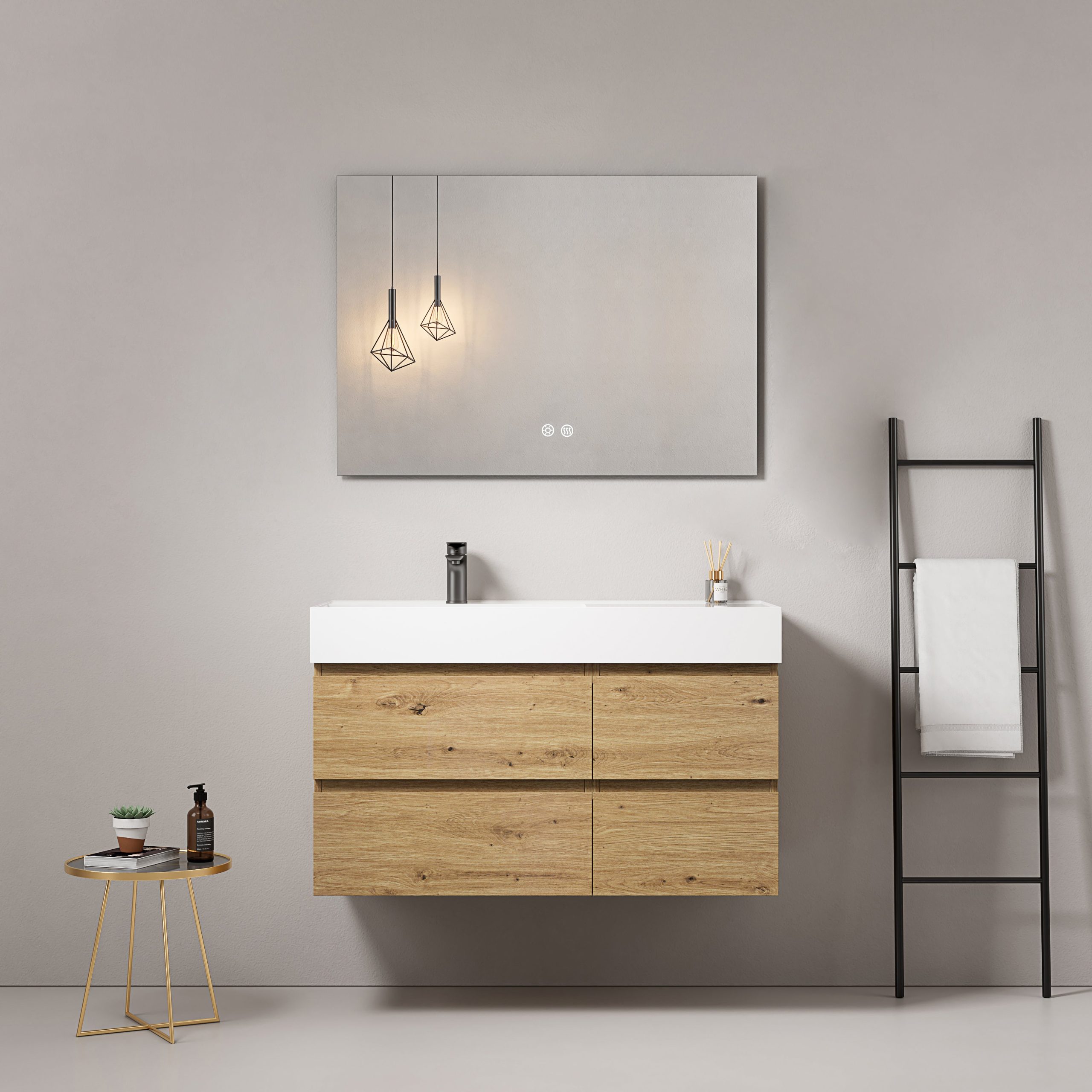 Mobile bagno sospeso 100 cm Bruno Medio Lavabo a Sinistra in Resina Specchio Quadro - Fiji Wood
