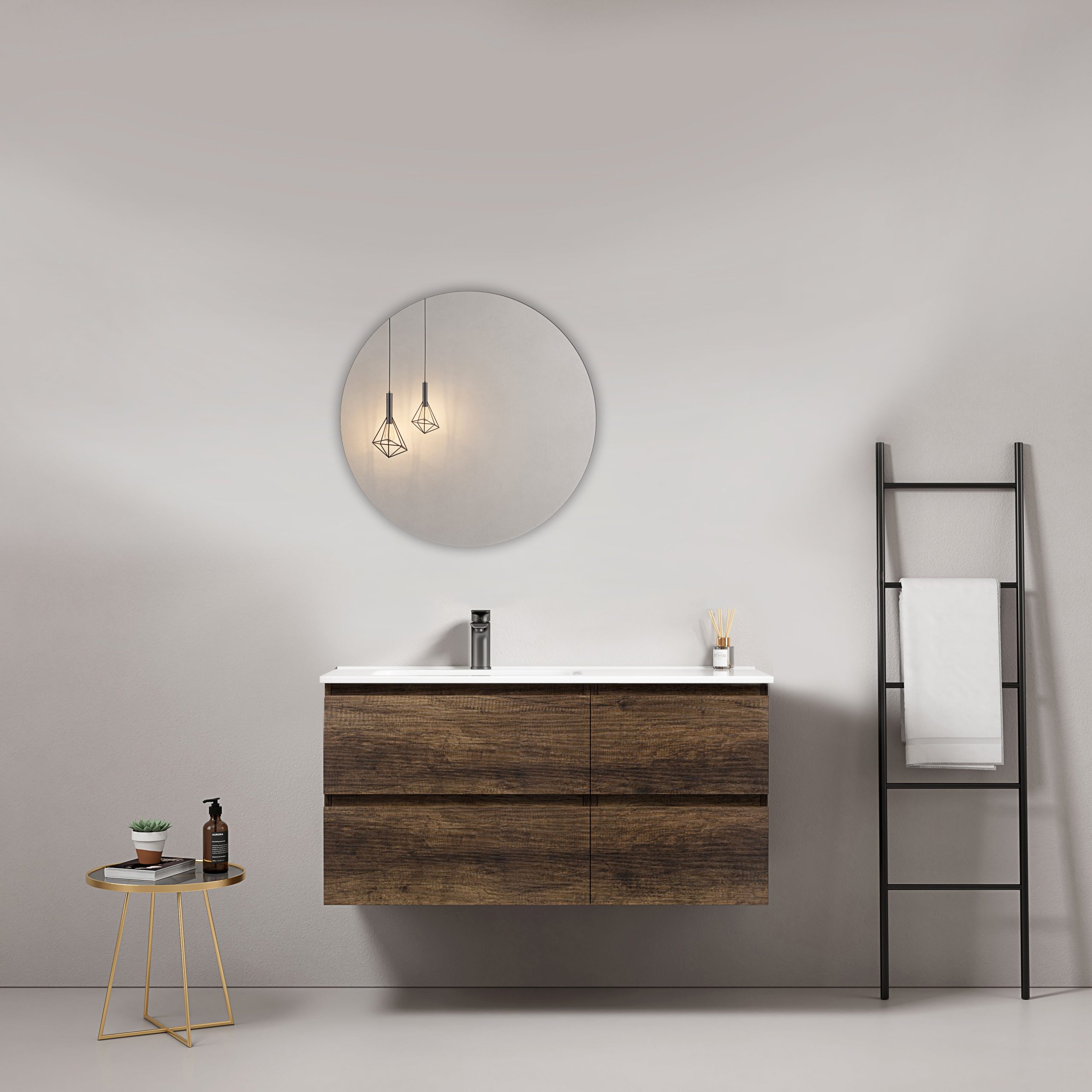 Mobile bagno sospeso 100 cm Bruno Scuro Lavabo a Sinistra in Ceramica Specchio Tondo - Fiji Wood