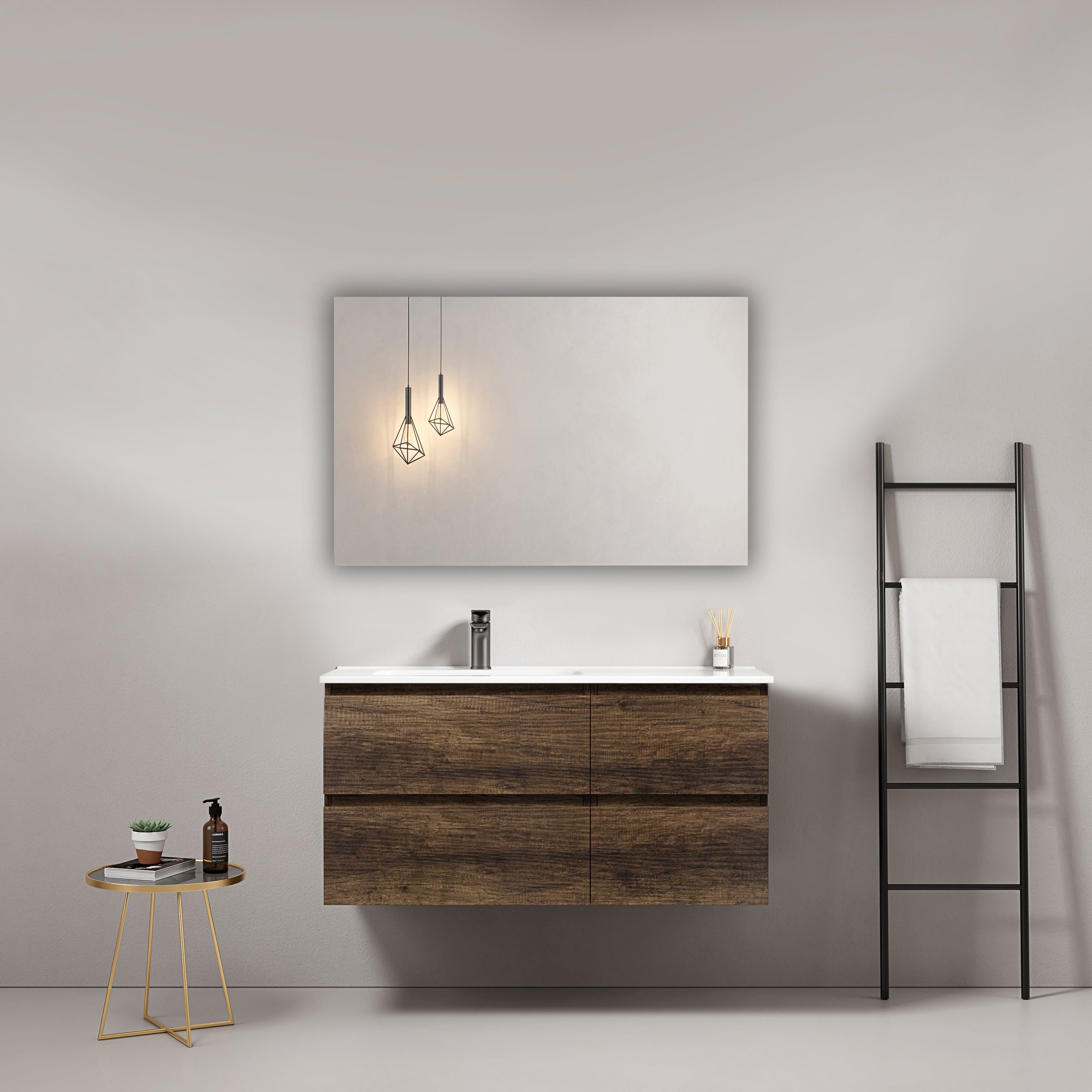 Mobile bagno sospeso 100 cm Bruno Scuro Lavabo a Sinistra in Ceramica Specchio Quadro - Fiji Wood