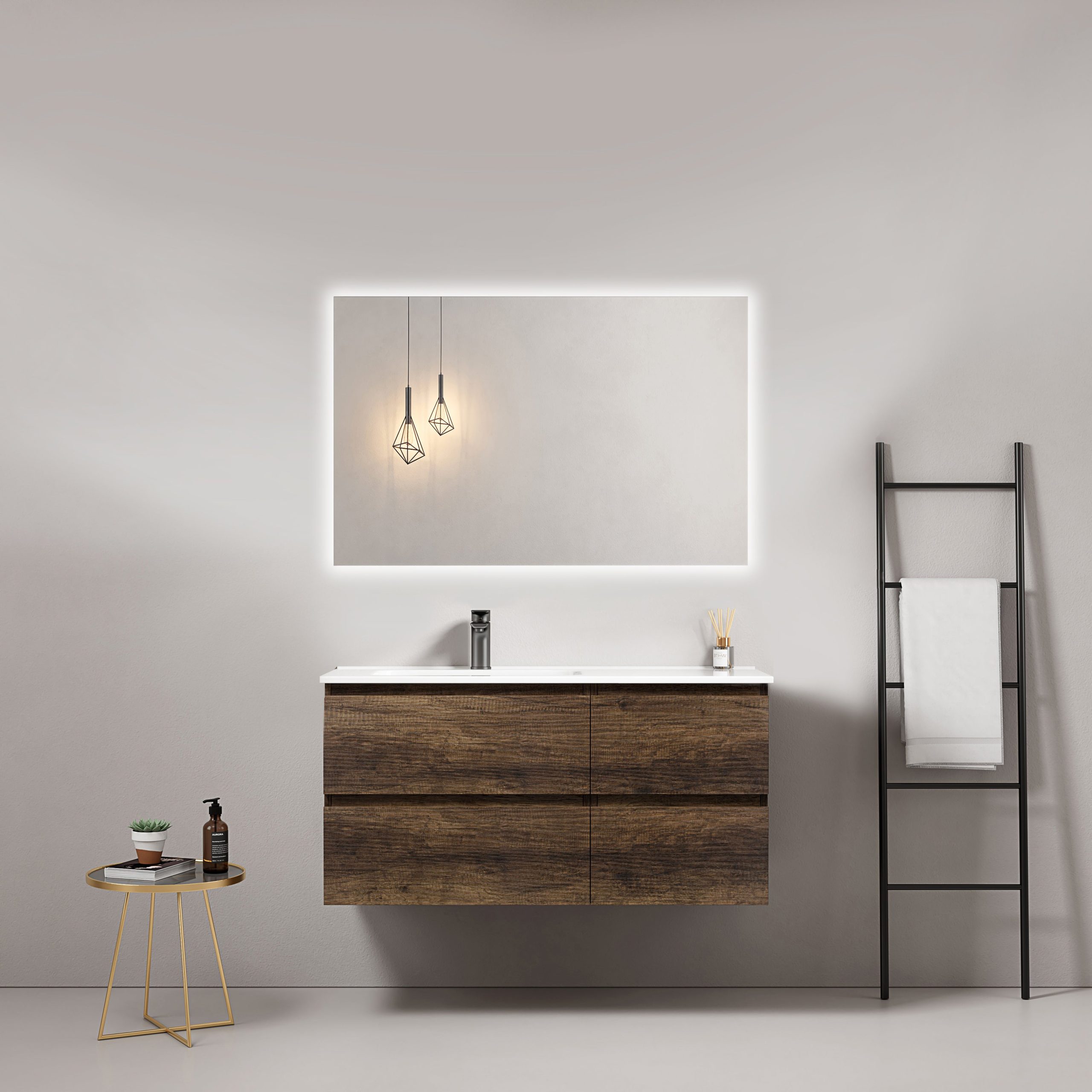 Mobile bagno sospeso 100 cm Bruno Scuro Lavabo a Sinistra in Ceramica Specchio Quadro Retroilluminato - Fiji Wood