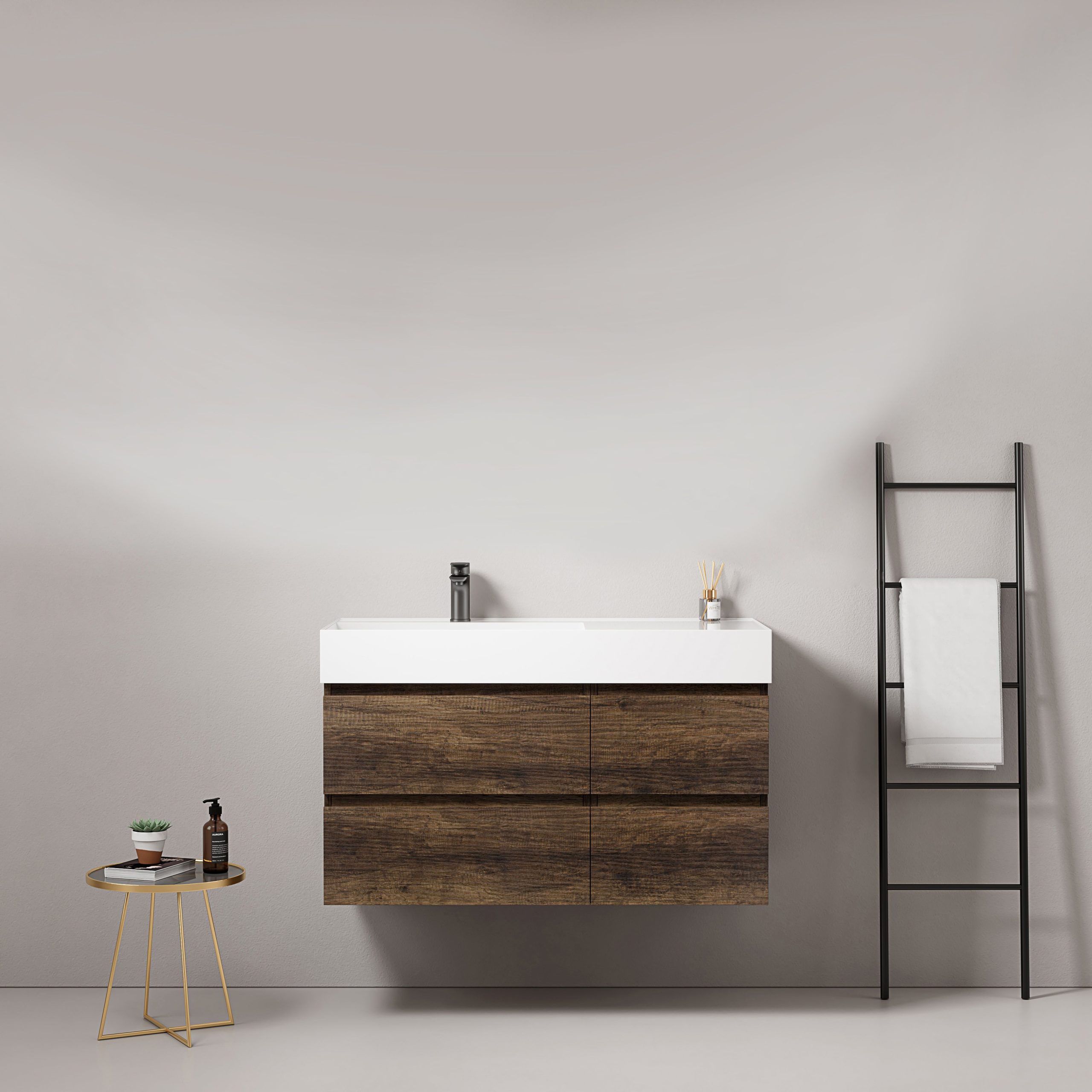 Mobile bagno sospeso 100 cm Bruno Scuro Lavabo a Sinistra in Resina Senza Specchio - Fiji Wood