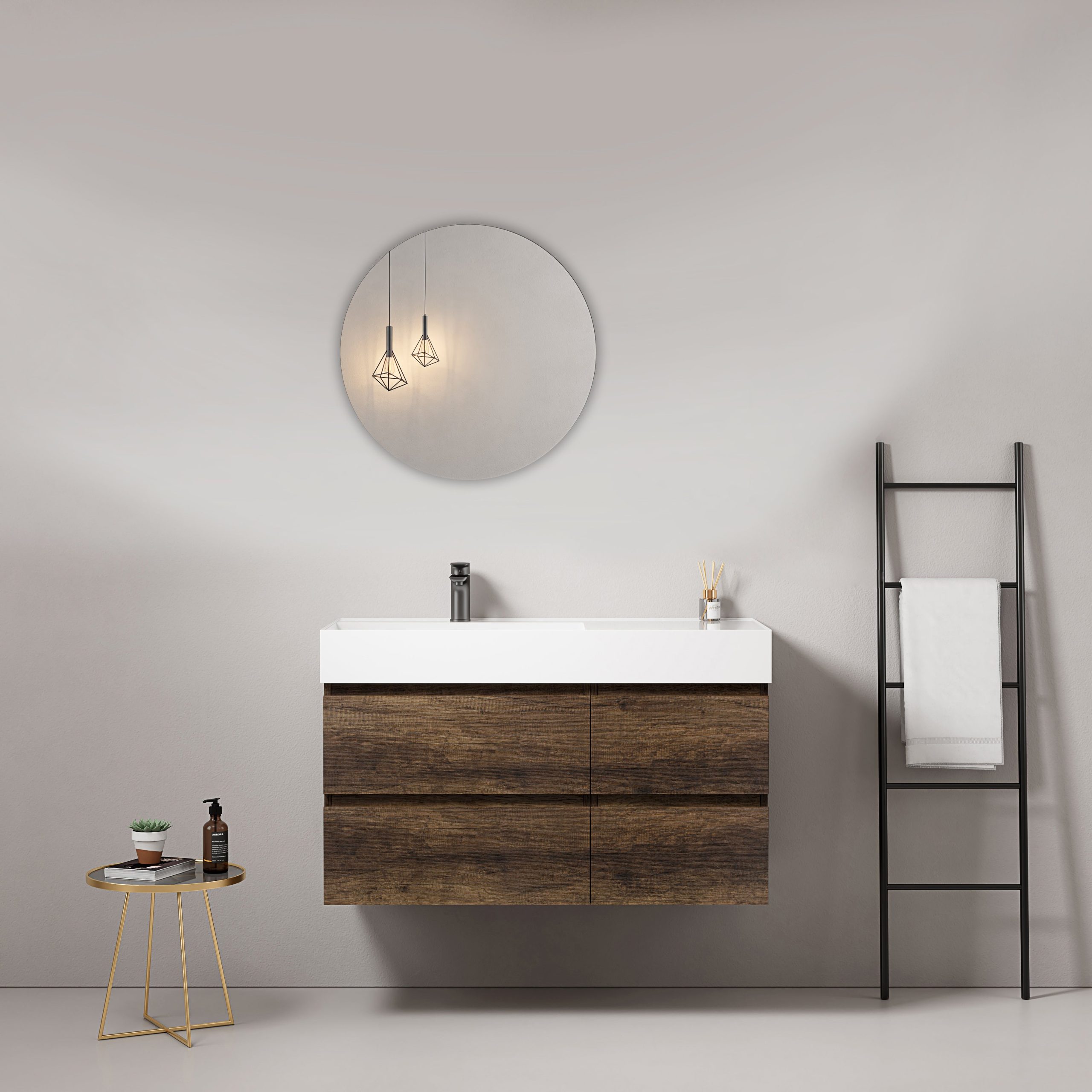 Mobile bagno sospeso 100 cm Bruno Scuro Lavabo a Sinistra in Resina Specchio Tondo - Fiji Wood