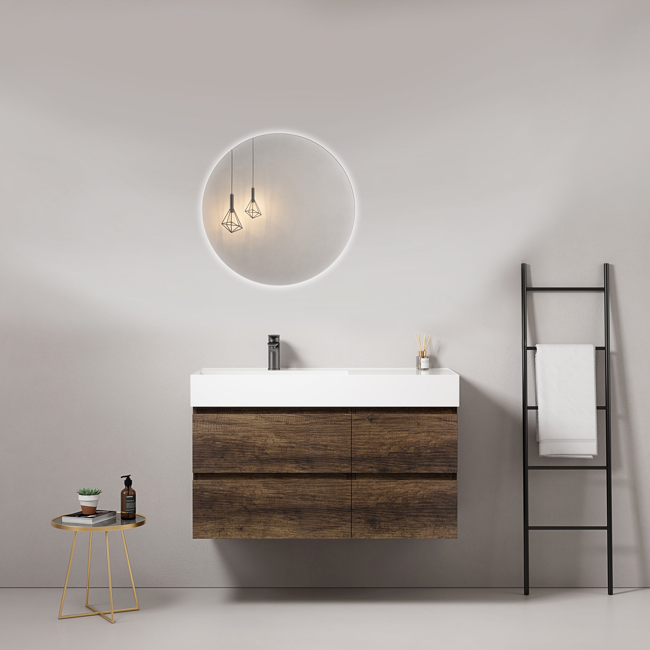 Mobile bagno sospeso 100 cm Bruno Scuro Lavabo a Sinistra in Resina Specchio Tondo Retroilluminato - Fiji Wood