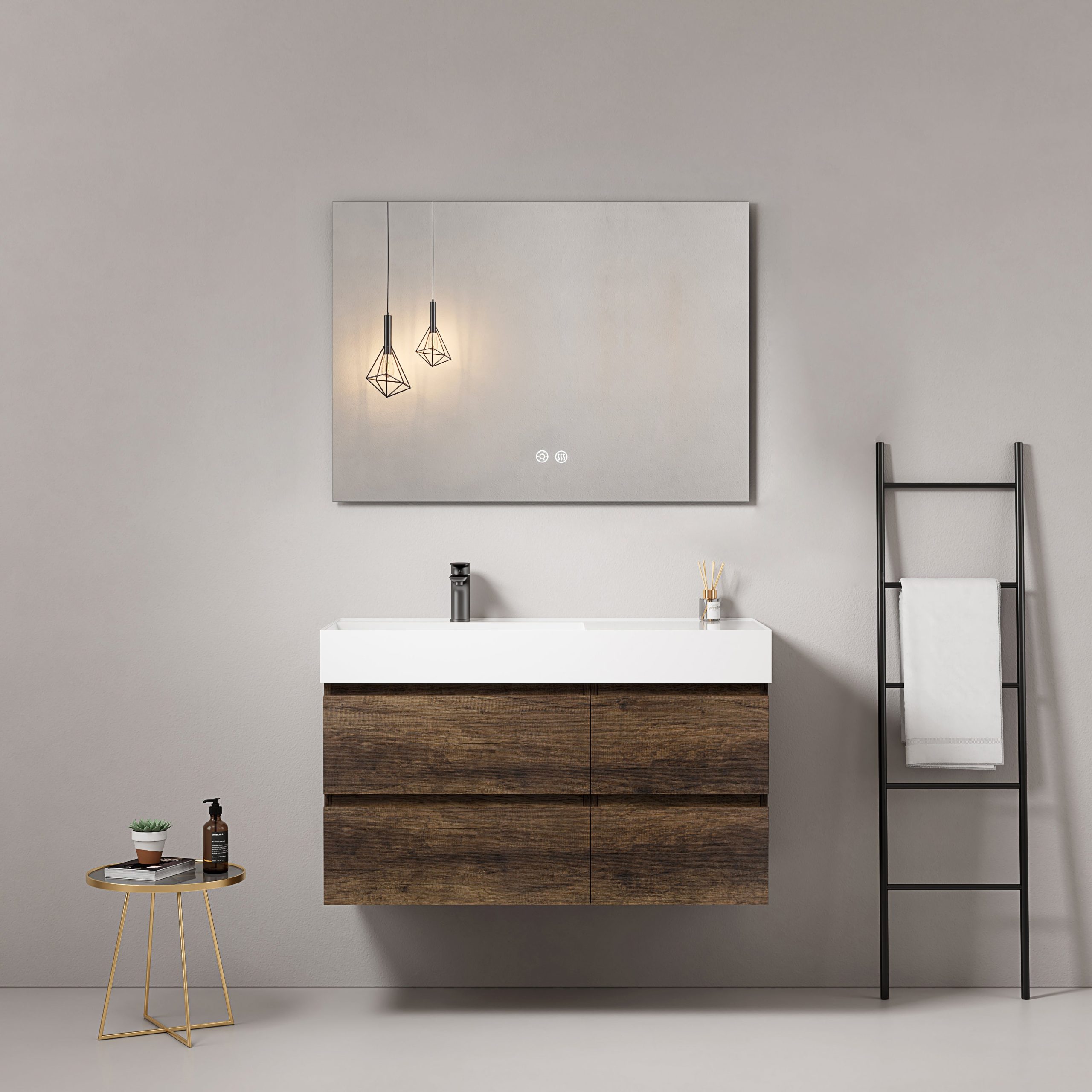 Mobile bagno sospeso 100 cm Bruno Scuro Lavabo a Sinistra in Resina Specchio Quadro - Fiji Wood
