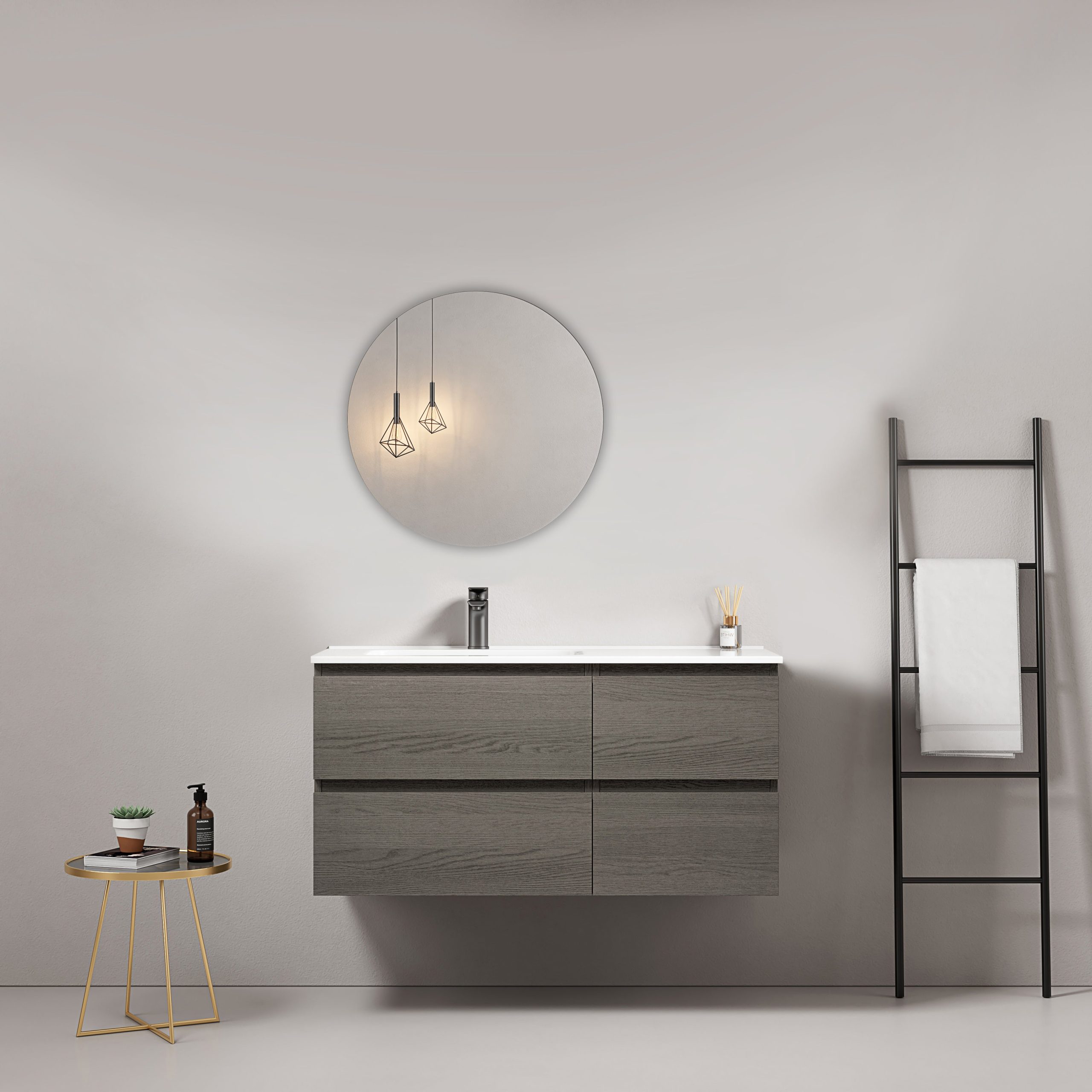 Mobile bagno sospeso 100 cm Grey Lavabo a Sinistra in Ceramica Specchio Tondo - Fiji Wood