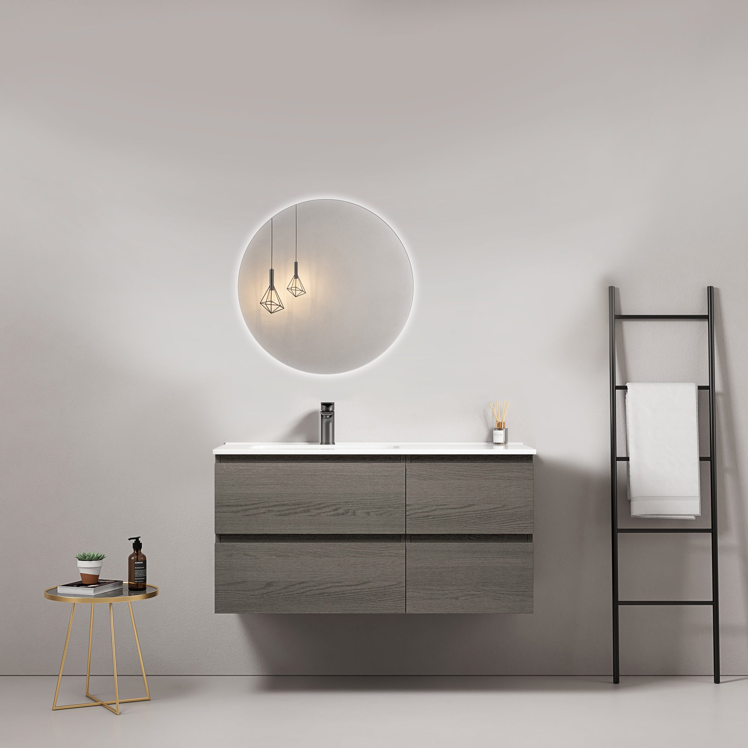 Mobile bagno sospeso 100 cm Grey Lavabo a Sinistra in Ceramica Specchio Tondo Retroilluminato - Fiji Wood