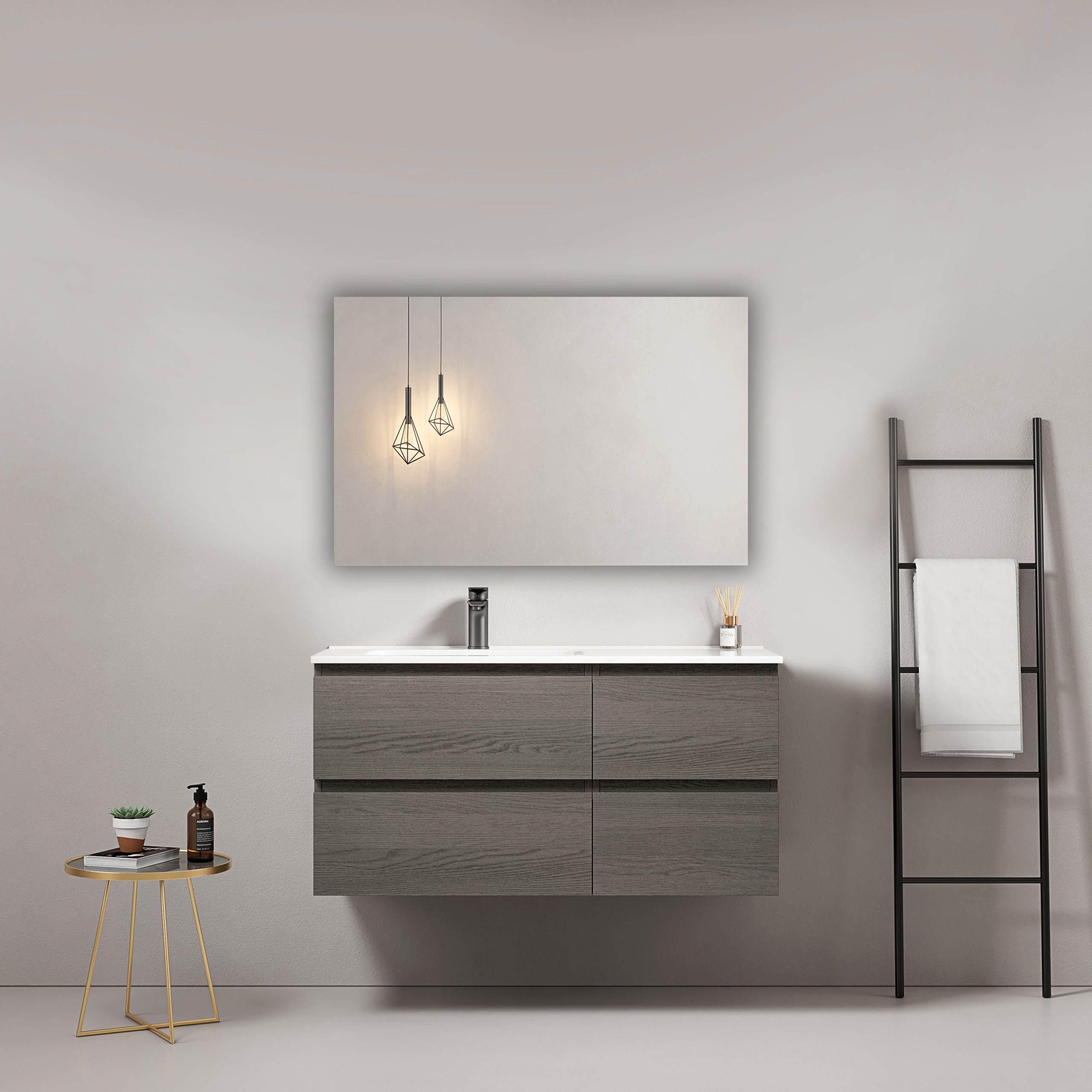 Mobile bagno sospeso 100 cm Grey Lavabo a Sinistra in Ceramica Specchio Quadro - Fiji Wood