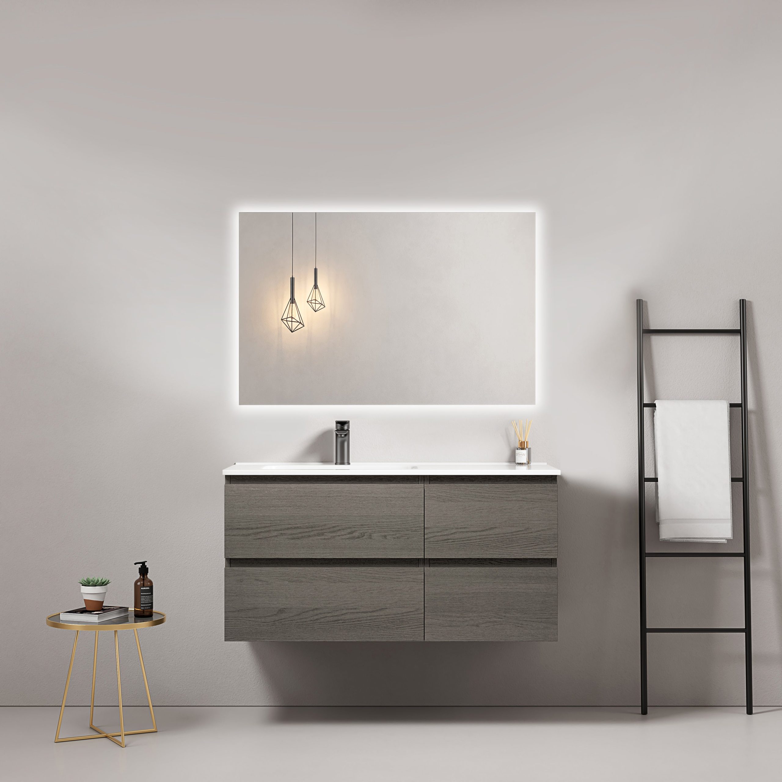 Mobile bagno sospeso 100 cm Grey Lavabo a Sinistra in Ceramica Specchio Quadro Retroilluminato - Fiji Wood