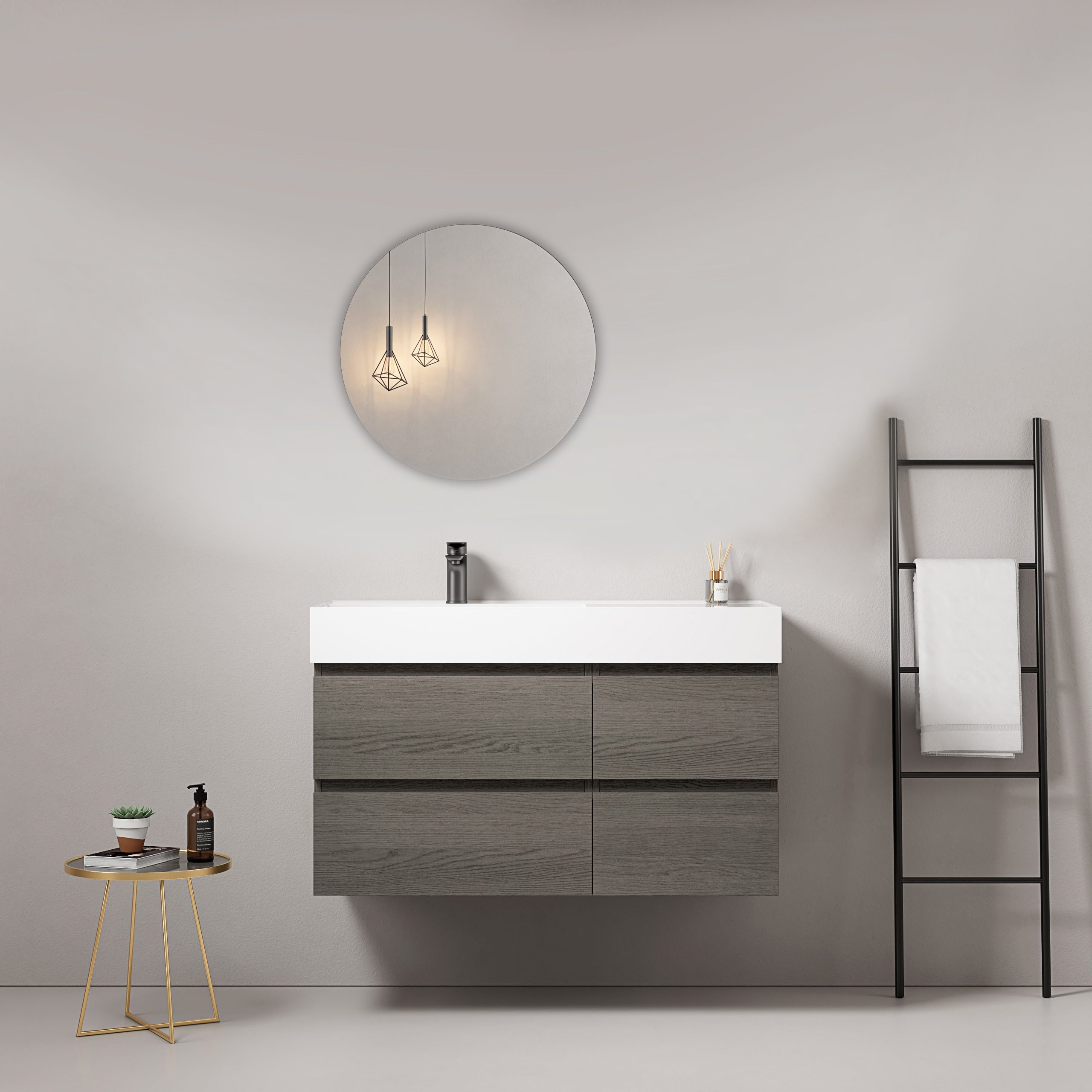 Mobile bagno sospeso 100 cm Grey Lavabo a Sinistra in Resina Specchio Tondo - Fiji Wood
