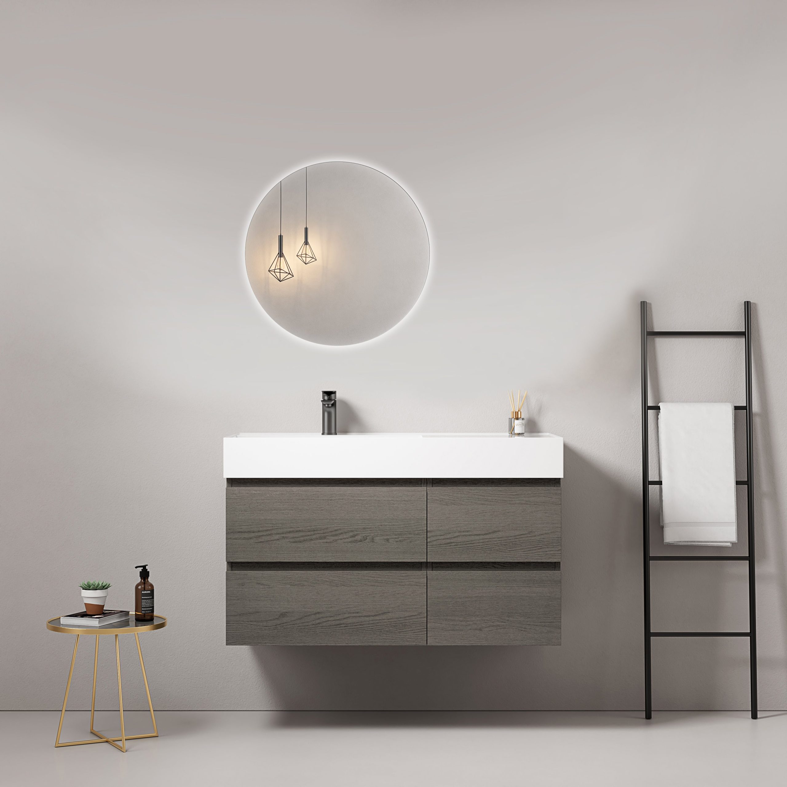 Mobile bagno sospeso 100 cm Grey Lavabo a Sinistra in Resina Specchio Tondo Retroilluminato - Fiji Wood