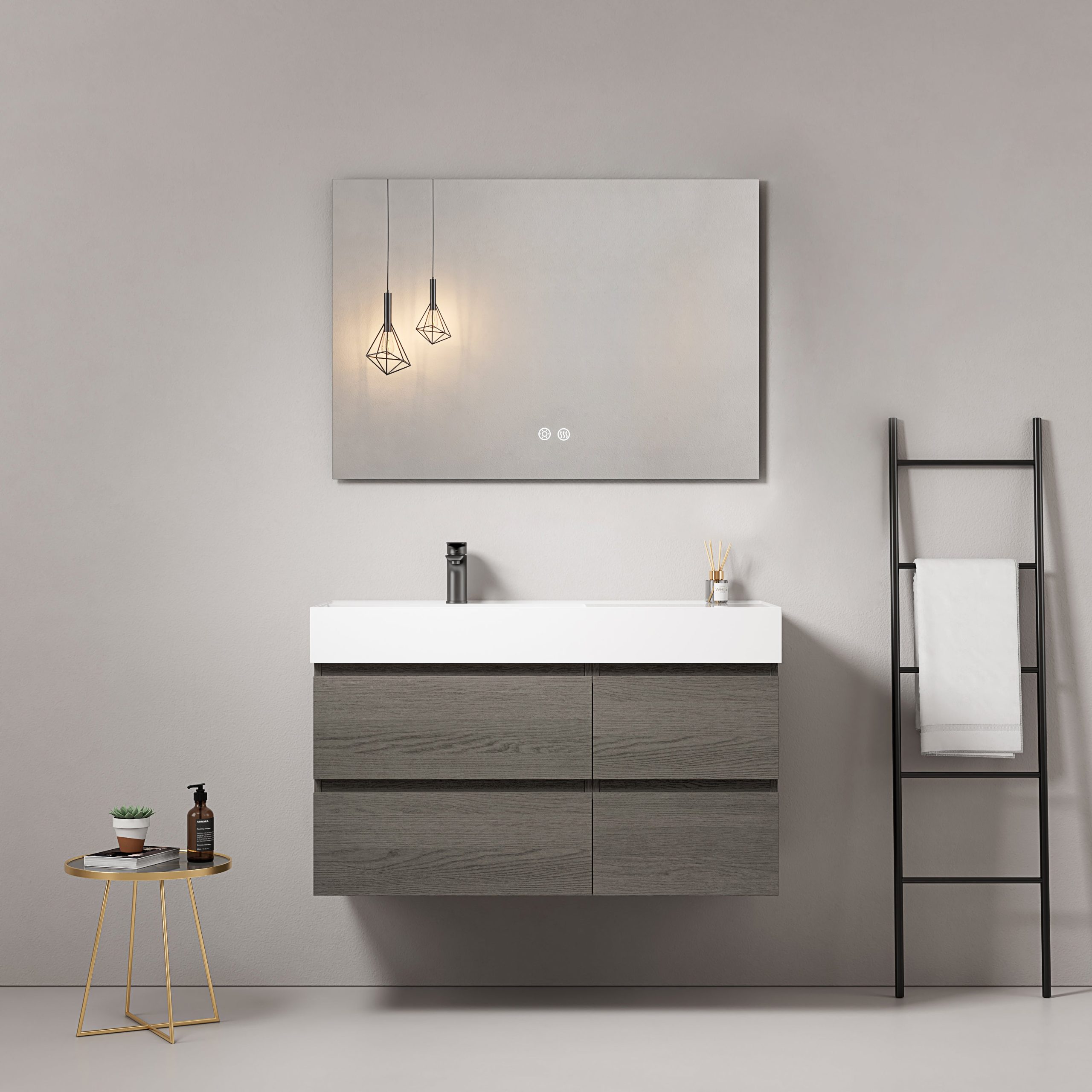 Mobile bagno sospeso 100 cm Grey Lavabo a Sinistra in Resina Specchio Quadro - Fiji Wood