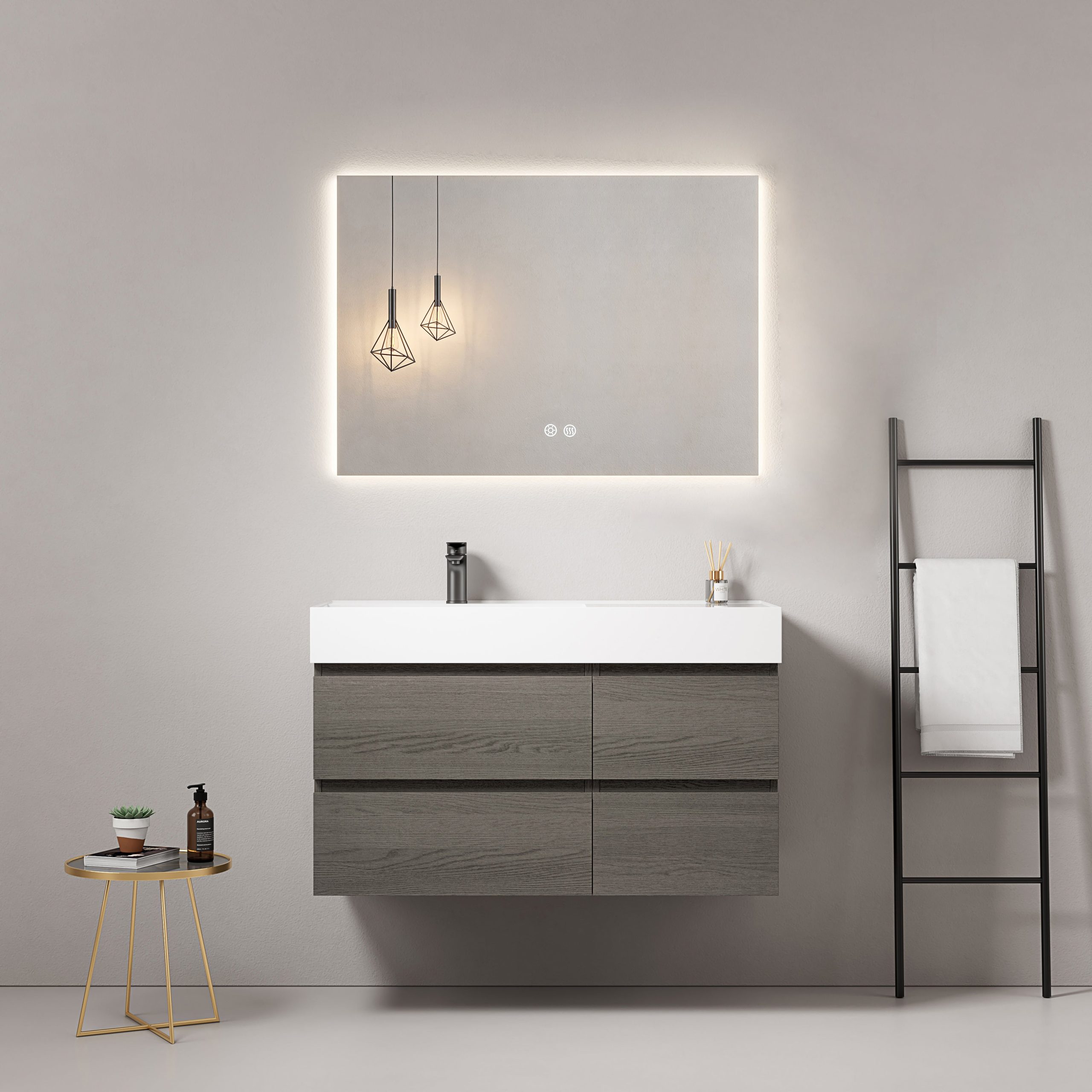 Mobile bagno sospeso 100 cm Grey Lavabo a Sinistra in Resina Specchio Quadro Retroilluminato - Fiji Wood