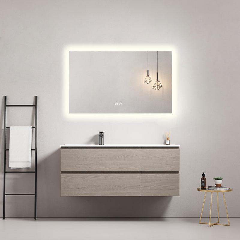 Mobile bagno sospeso 120 cm Beige Lavabo a Sinistra in Ceramica Specchio Quadro Retroilluminato - Fiji Wood
