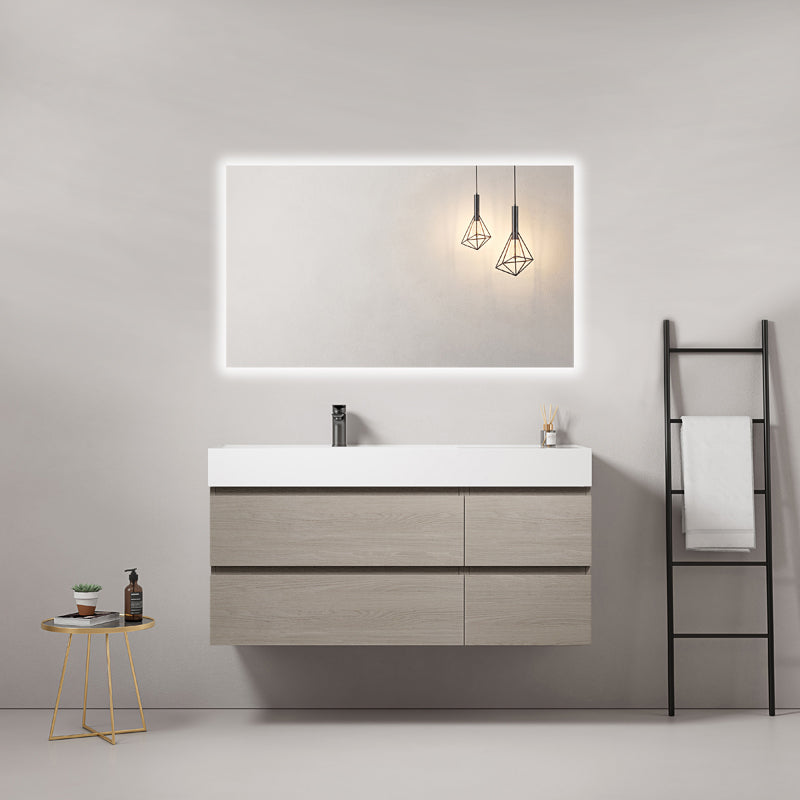 Mobile bagno sospeso 120 cm Beige Lavabo a Sinistra in Resina Specchio Quadro Retroilluminato - Fiji Wood