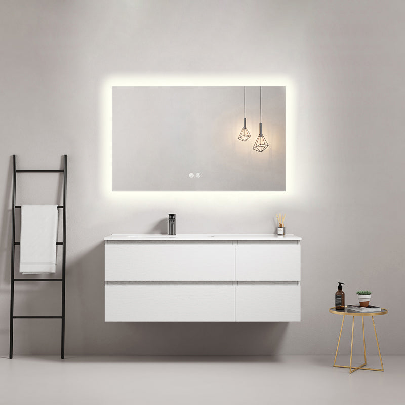 Mobile bagno sospeso 120 cm Bianco Lavabo a Sinistra in Ceramica Specchio Quadro Retroilluminato - Fiji Wood