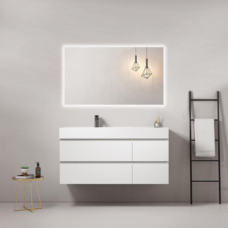 Mobile bagno sospeso 120 cm Bianco Lavabo a Sinistra in Resina Specchio Quadro Retroilluminato - Fiji Wood