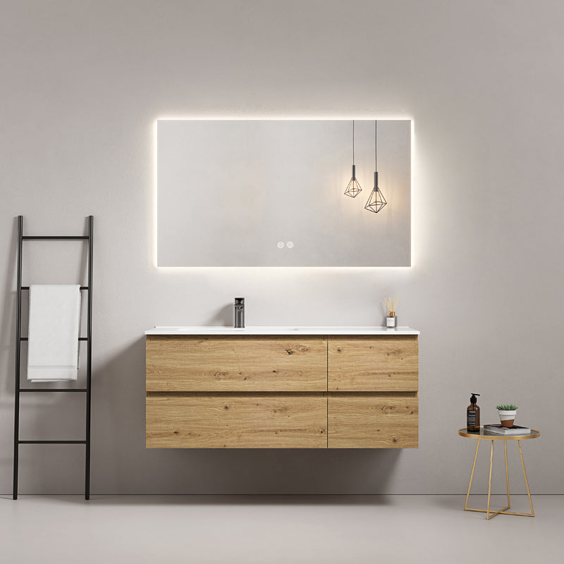 Mobile bagno sospeso 120 cm Bruno Medio Lavabo a Sinistra in Ceramica Specchio Quadro Retroilluminato - Fiji Wood