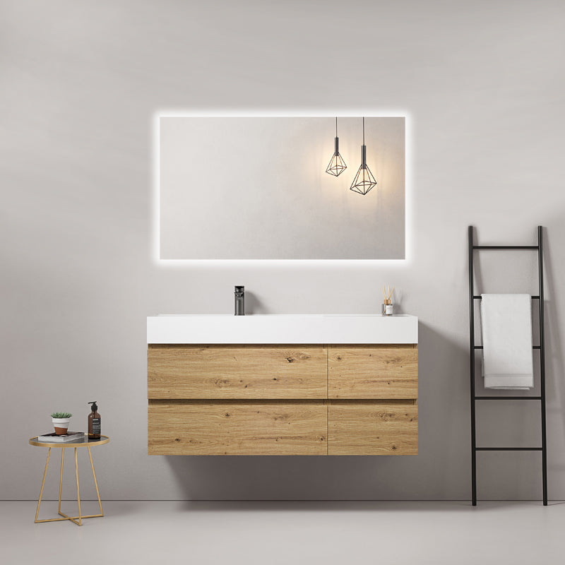 Mobile bagno sospeso 120 cm Bruno Medio Lavabo a Sinistra in Resina Specchio Quadro Retroilluminato - Fiji Wood