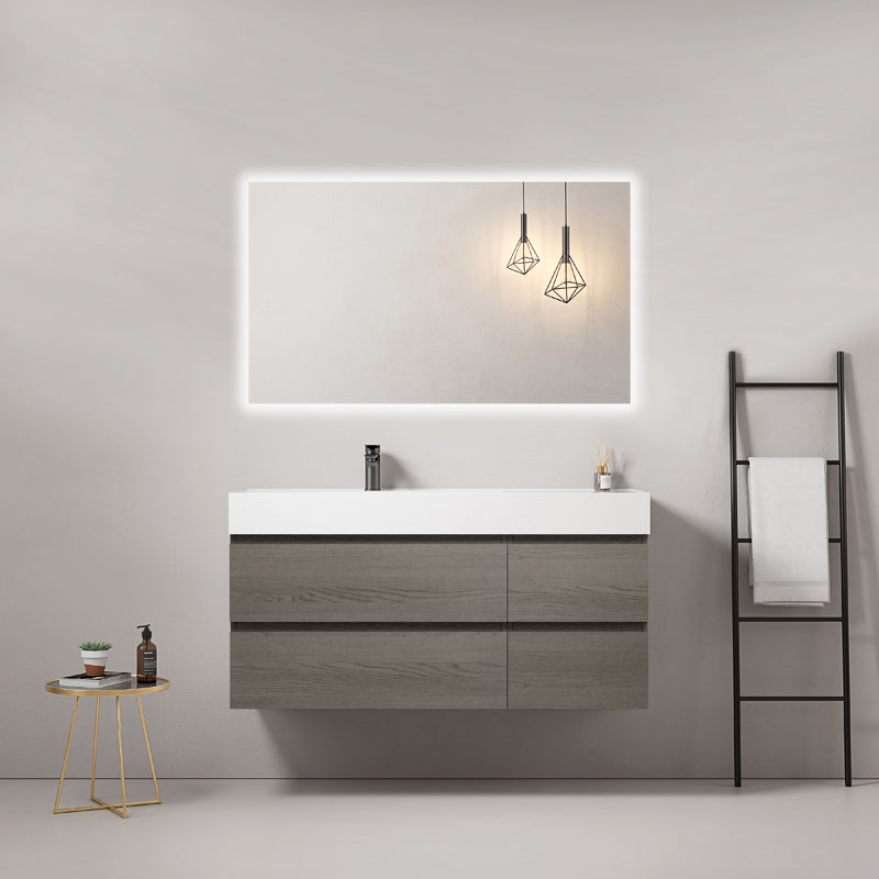 Mobile bagno sospeso 120 cm Grey Lavabo a Sinistra in Resina Specchio Quadro Retroilluminato - Fiji Wood