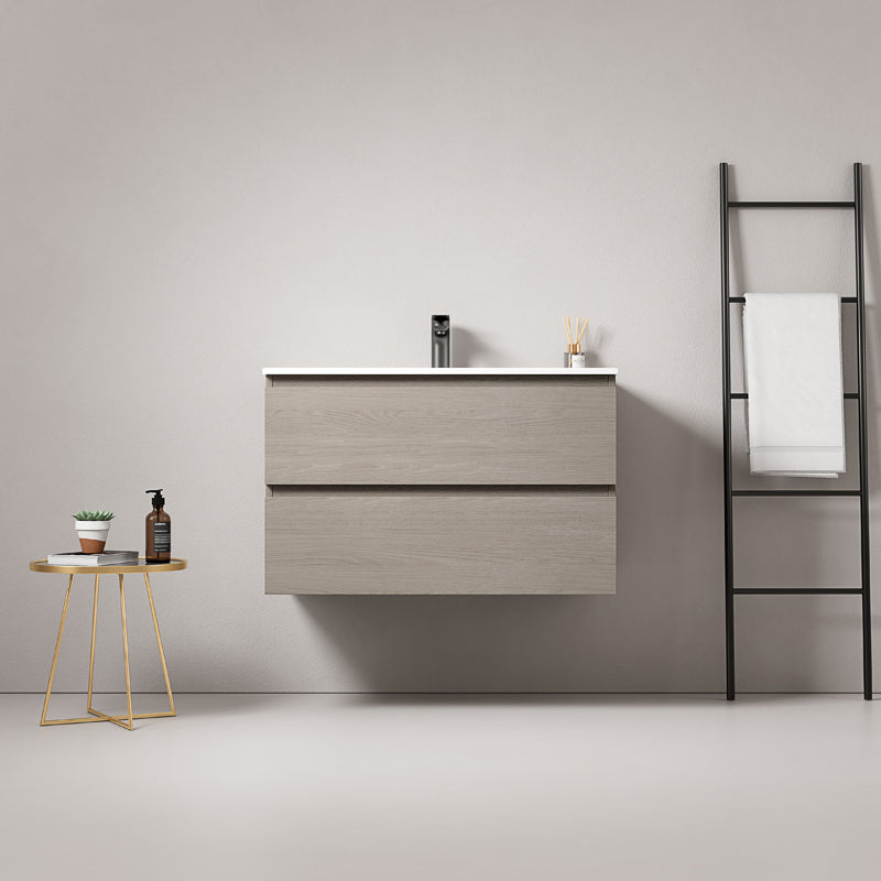 Mobile bagno sospeso 80 cm Beige Lavabo in Ceramica Senza Specchio - Fiji Wood