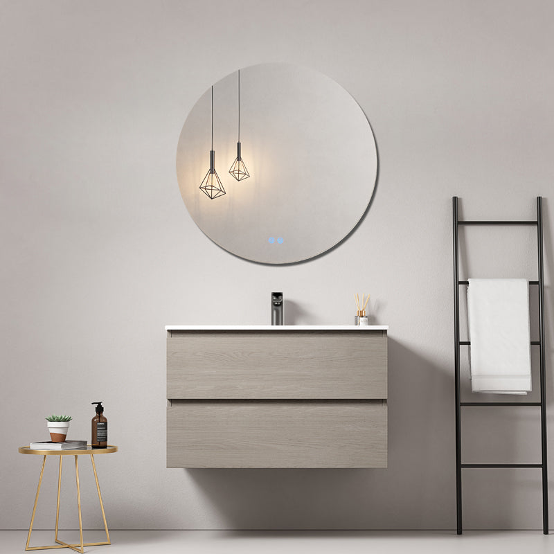 Mobile bagno sospeso 80 cm Beige Lavabo in Ceramica Specchio Tondo - Fiji Wood
