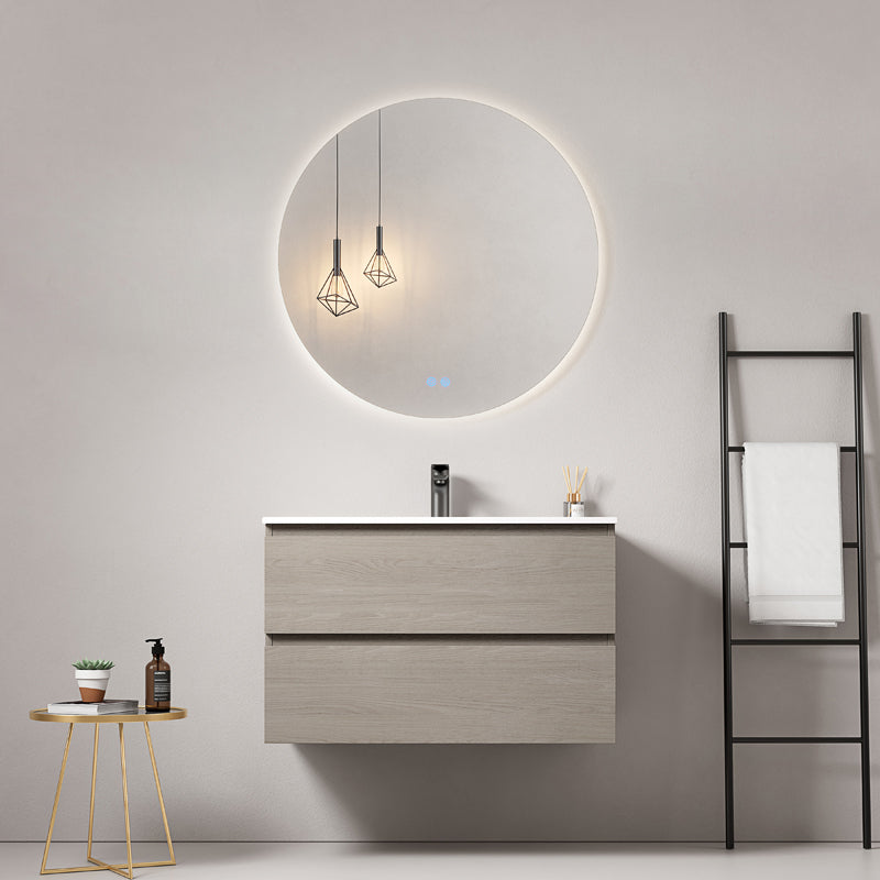 Mobile bagno sospeso 80 cm Beige Lavabo in Ceramica Specchio Tondo Retroilluminato - Fiji Wood