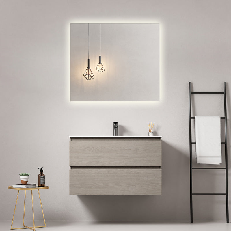 Mobile bagno sospeso 80 cm Beige Lavabo in Ceramica Specchio Quadro Retroilluminato - Fiji Wood