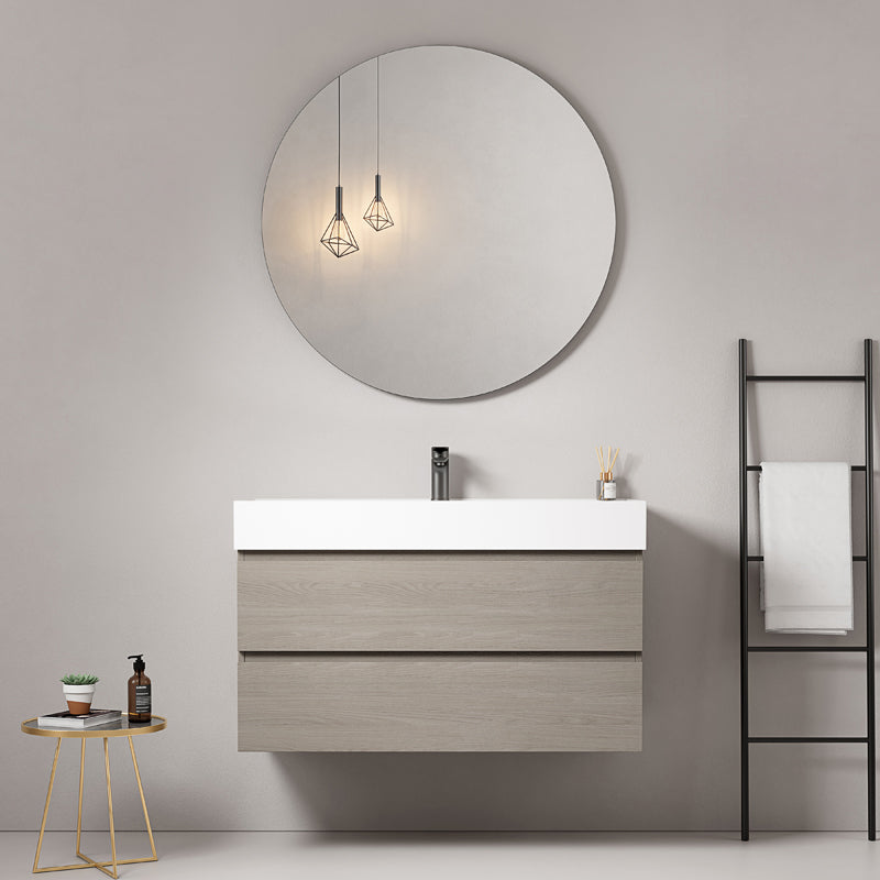 Mobile bagno sospeso 80 cm Beige Lavabo in Resina Specchio Tondo - Fiji Wood