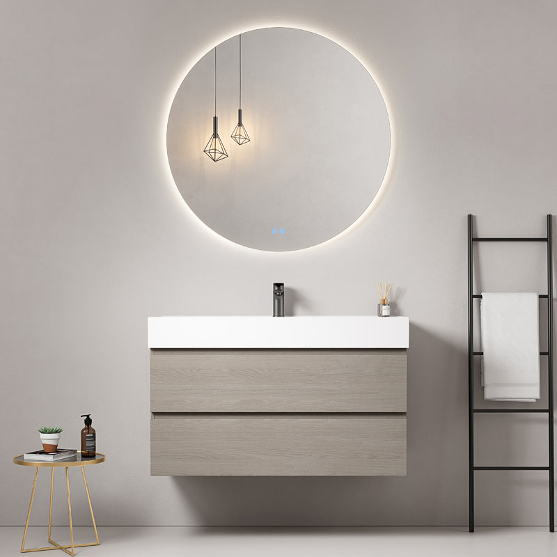 Mobile bagno sospeso 80 cm Beige Lavabo in Resina Specchio Tondo Retroilluminato - Fiji Wood