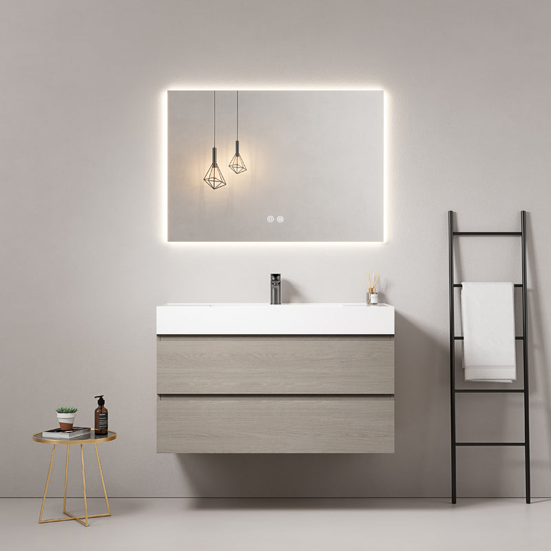 Mobile bagno sospeso 80 cm Beige Lavabo in Resina Specchio Quadro Retroilluminato - Fiji Wood