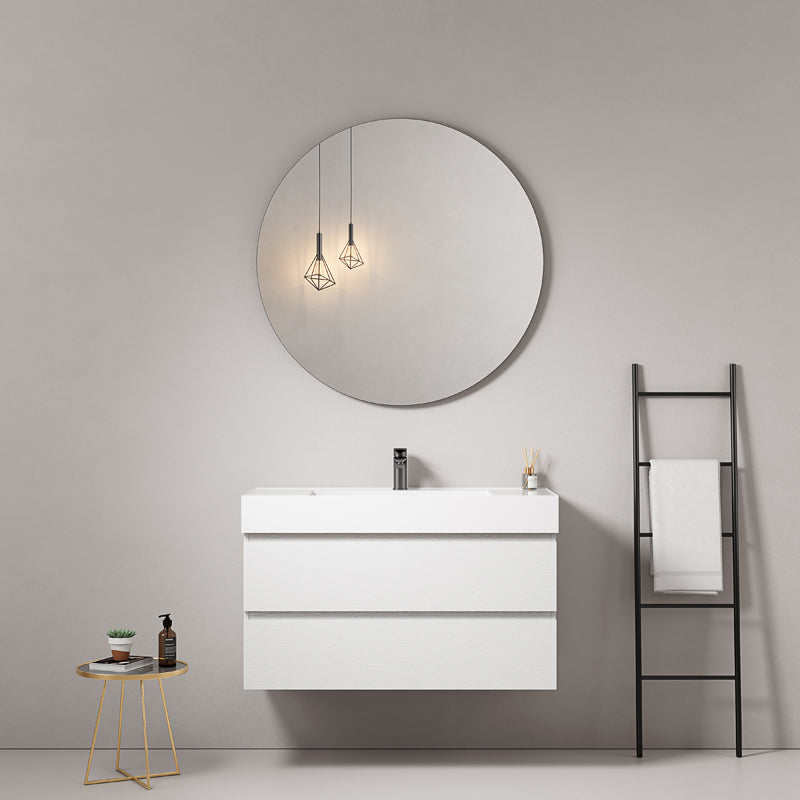 Mobile bagno sospeso 80 cm Bianco Lavabo in Resina Specchio Tondo - Fiji Wood