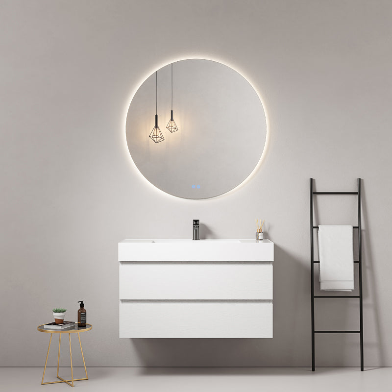 Mobile bagno sospeso 80 cm Bianco Lavabo in Resina Specchio Tondo Retroilluminato - Fiji Wood
