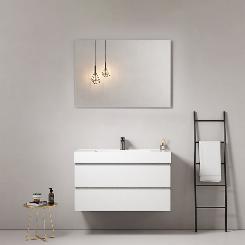 Mobile bagno sospeso 80 cm Bianco Lavabo in Resina Specchio Quadro - Fiji Wood