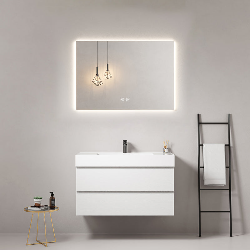 Mobile bagno sospeso 80 cm Bianco Lavabo in Resina Specchio Quadro Retroilluminato - Fiji Wood